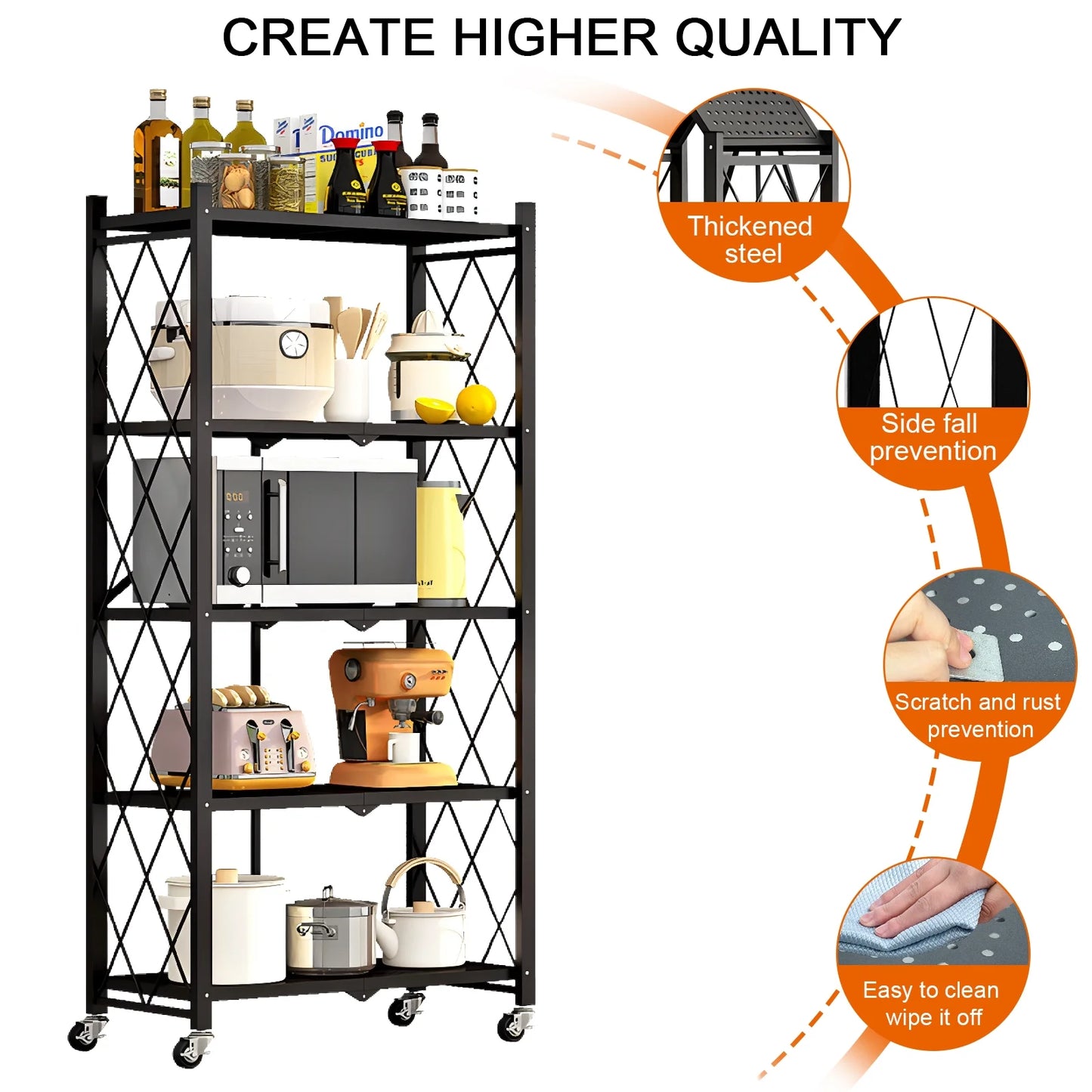 PRIJESSE 5-Tier Foldable Storage Shelves Metal Rack Heavy-Duty Storage Shelf Supporting 330LBS Loads Black