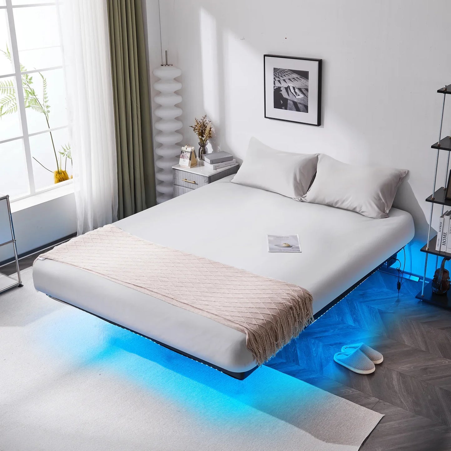 Zimtown Full 14" Floating Bed Frame with USB Charging and LED Lights, Metal Platform Bed, Black