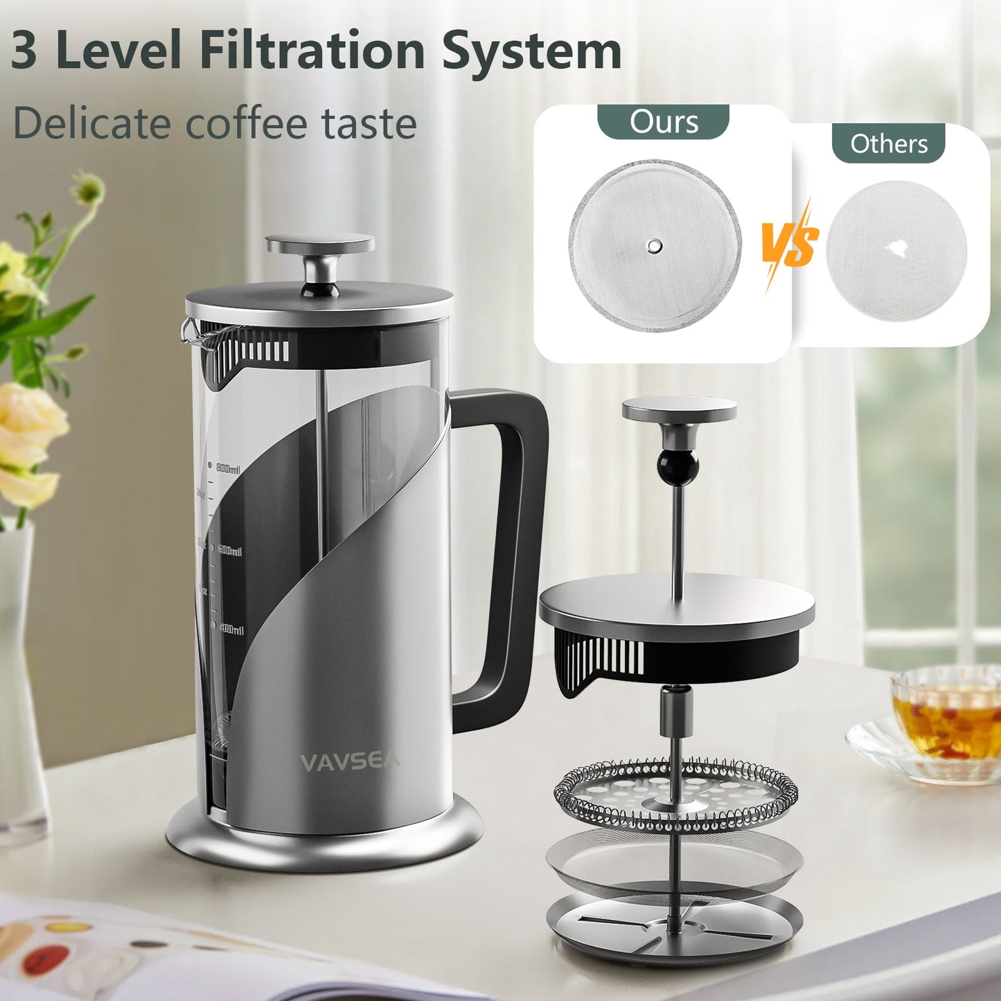 35oz French Press Coffee Maker,304 Stainless Steel Coffee Press for Travel & Home Use,Double Insulated,Dishwasher Safe,Silver