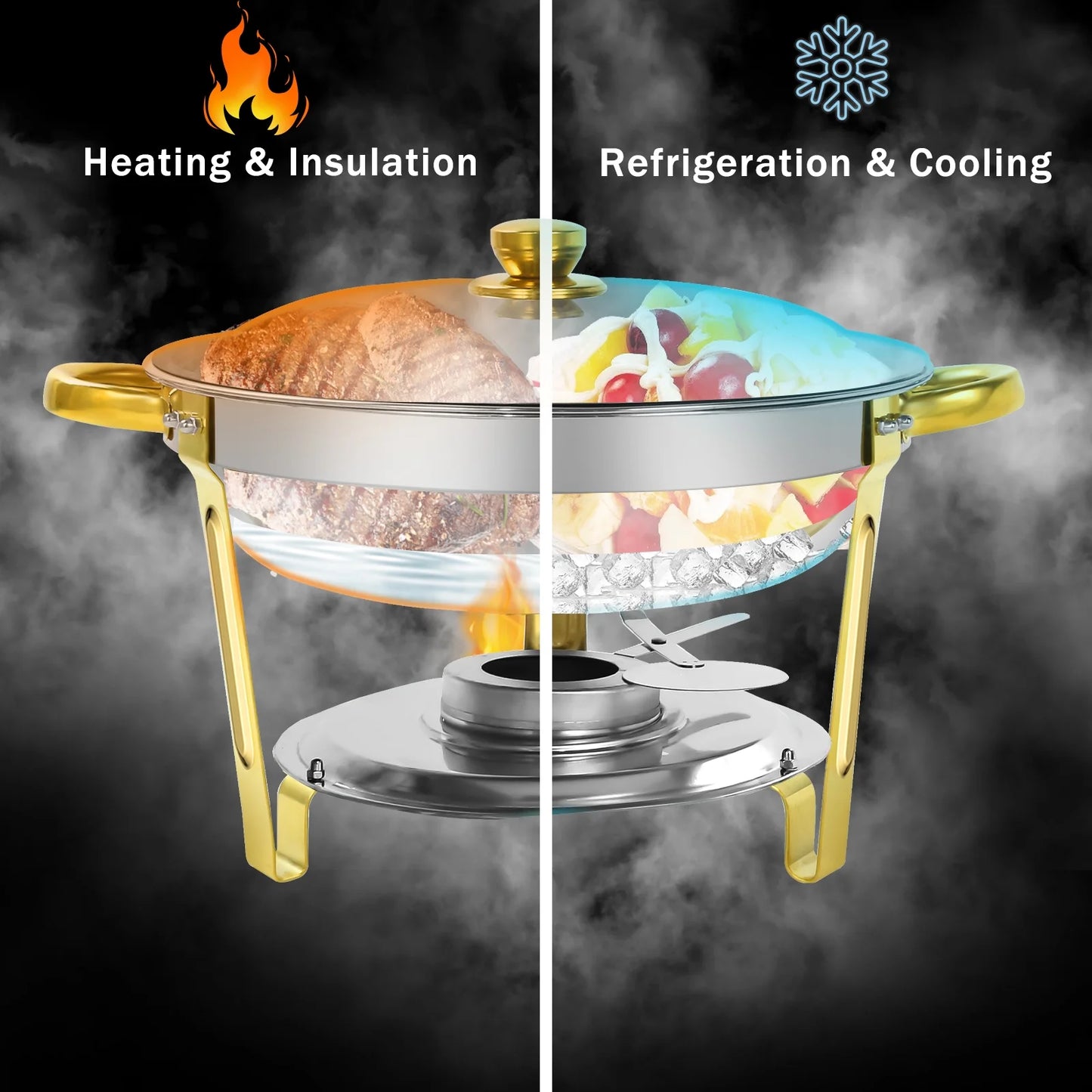PRIJESSE 5 Qt Gold Chafing Dishes for Buffet with Stainless Steel Lid, Round Chafing Dish Buffet Set with Food and Water Pans for Catering, Parties, Hotels and Weddings, 4 Pack