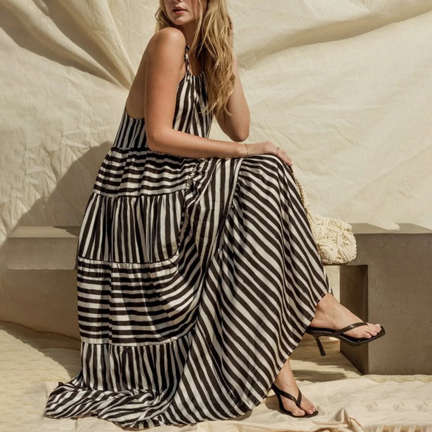 Peyakidsaa Summer Savings Clearance Women Slip Dress,Sleeveless Tie-up Striped Dress Maxi Long Dress Sundress