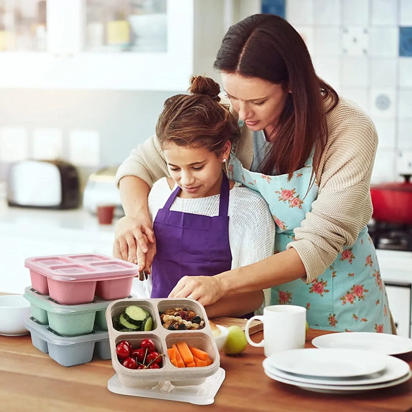 ARCTICICE 4 Packs Snack Containers Sets with Lid Reusable 4 Compartment Food Storage Containers Microwaveable Adult Kids Lunch Box