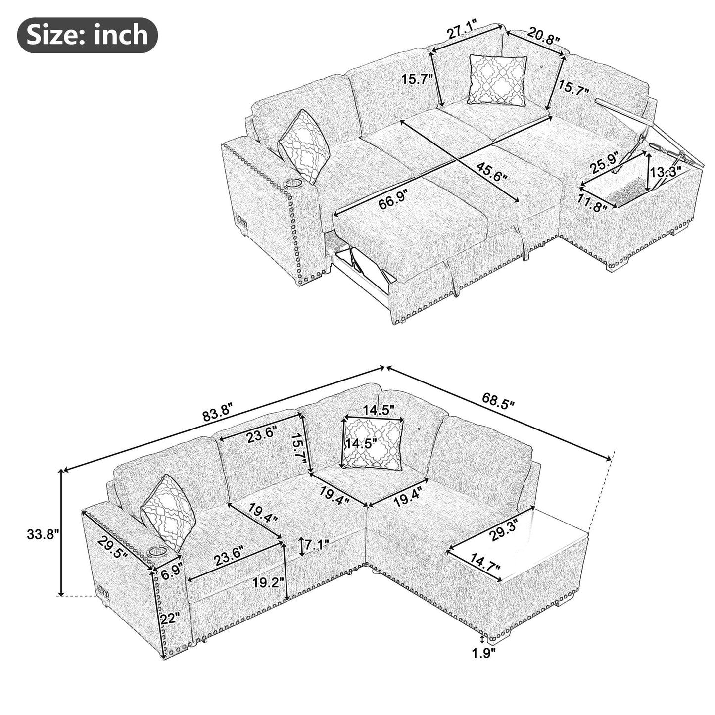 Churanty Pull Out Sofa Bed with Storage Chaise,Reversible Sectional Sofa,L-Shaped Corner Sofa with USB Ports,Power Sockets and Cup Holder,Light Gray