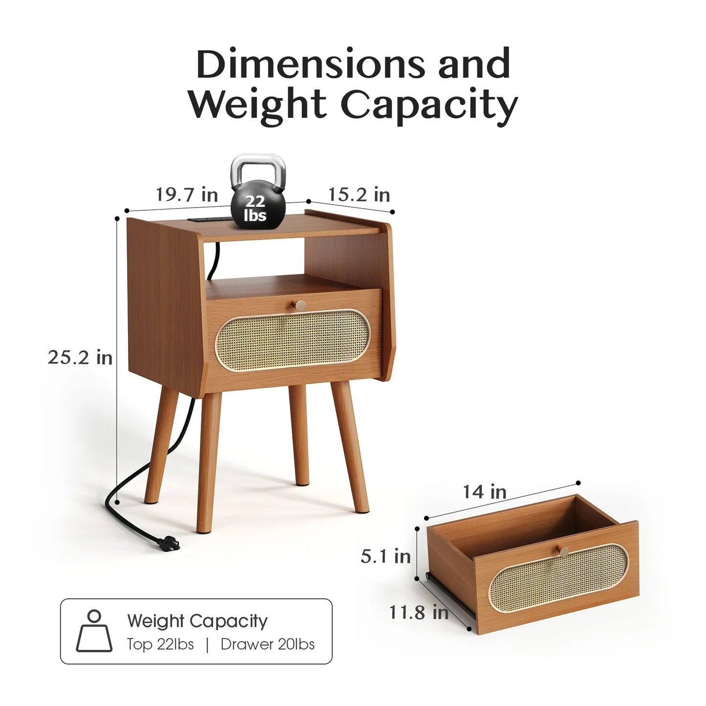 JOINICE Rattan Nightstands Set of 2, Beside Table with Charging Station,for Bedroom,Cherry
