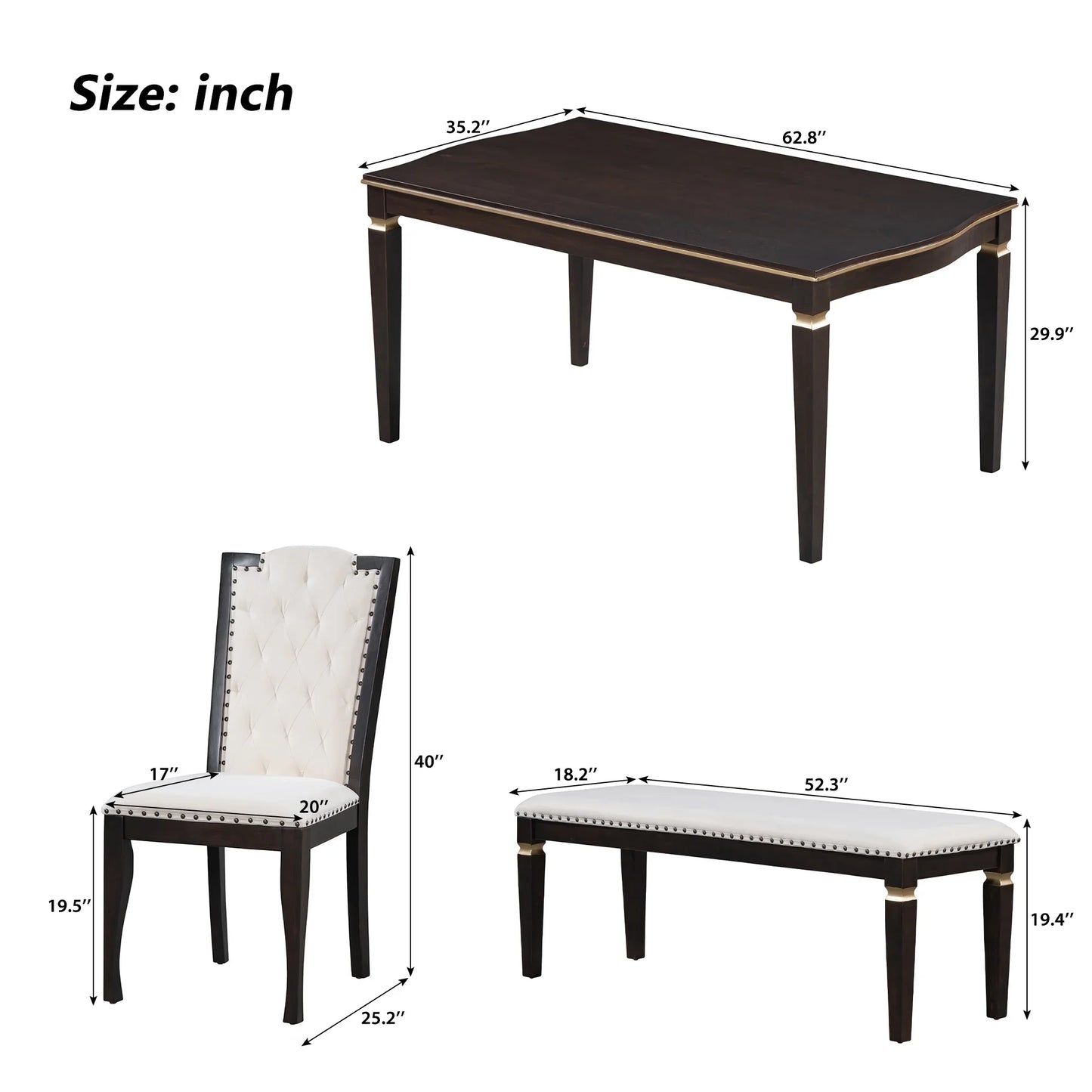 Churanty Retro 6 Pieces Kitchen Dining Table Set, 62.7Rectangular Table and 4 High-Back Tufted Chairs & 1 Bench, Wood Family Dining Room Table Set for 6,Espresso