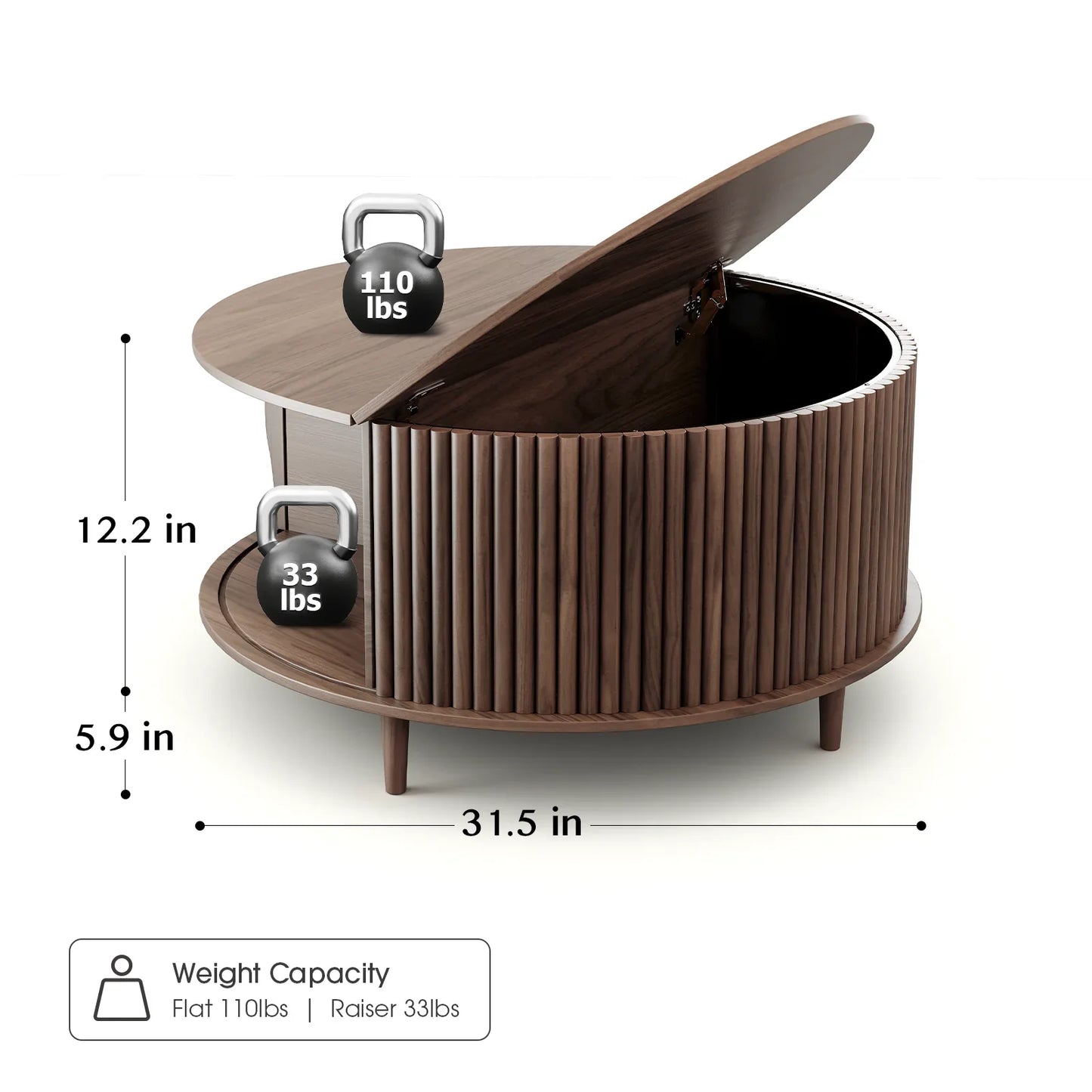 JOINICE Mid Century Modern Round Flip Top Coffee Table with Storage,for Living Room,Walnut