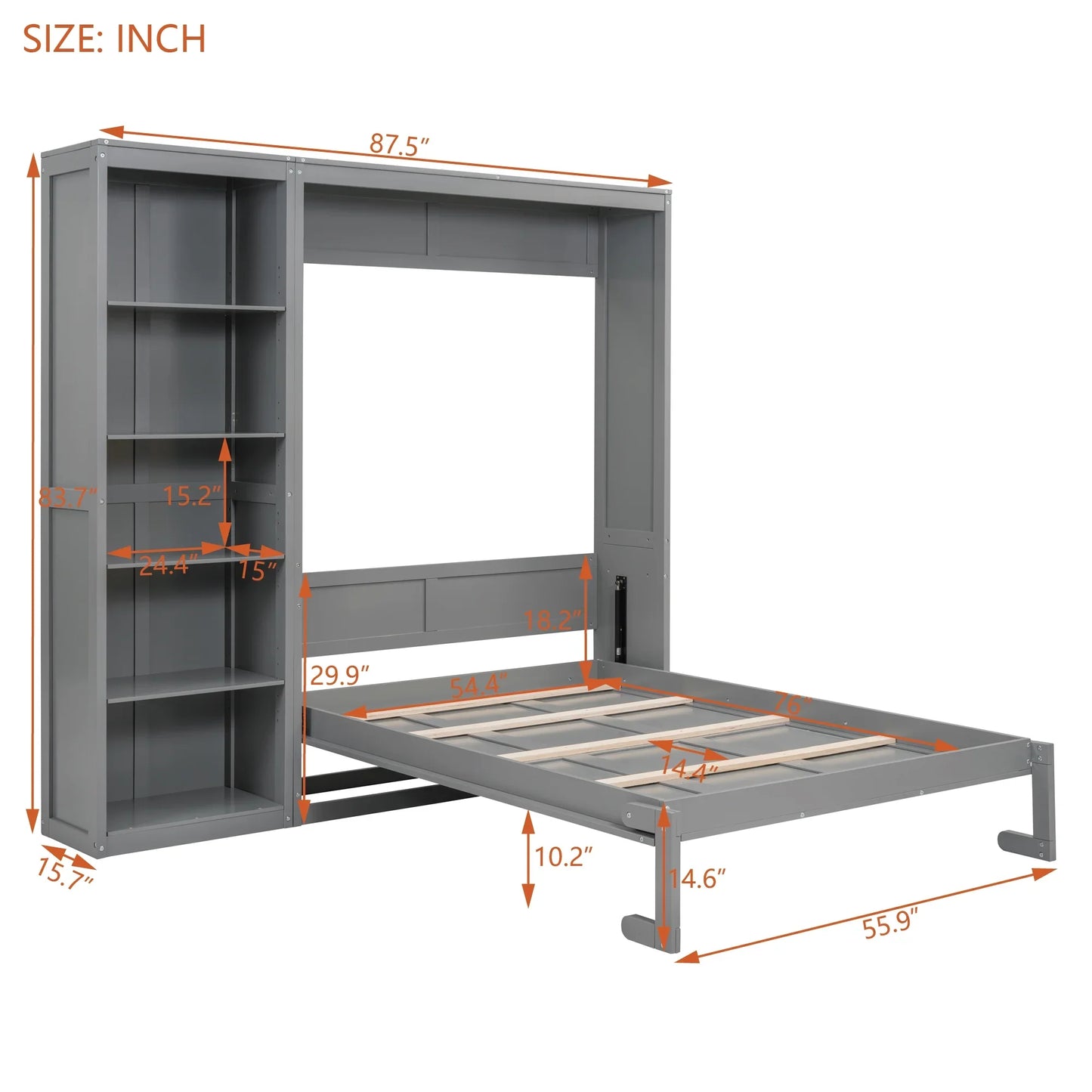 Churanty Full Size Modern Solid Wood Murphy Bed with Shelves, Gray