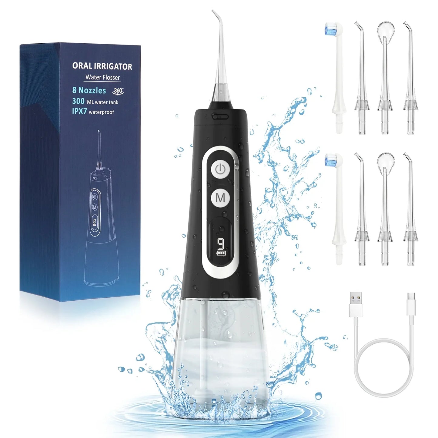 Cordless Water Flosser, Portable Dental Teeth Cleaner, 310ML Tank USB Rechargeable Dental Oral Irrigator for Home and Travel, 4 Modes 8 Jet Tips, IPX7 Waterproof, Easy-to-Clean(Black)