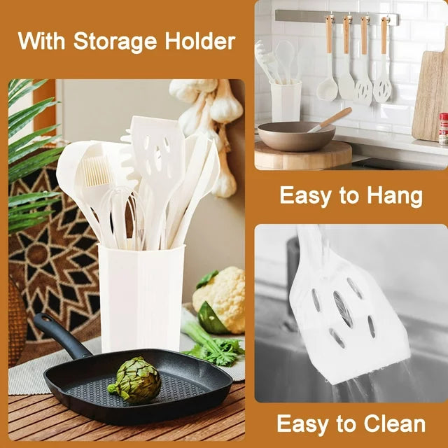 VAVSEA Silicone Cooking Utensils Set, 12Pcs Heat Resistant Kitchen Utensil Gadgets Tools Set for Nonstick Cookware, Safe BPA Free Silcone, Khaki
