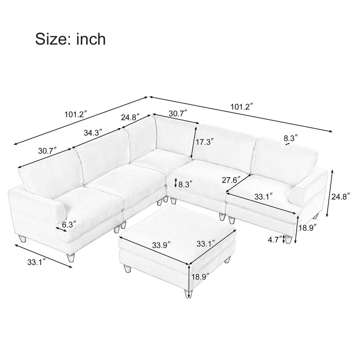 Churanty Modular Sectional Sofa with Ottoman,Oversized 3 Seat Free Combination Corduroy Couch Sofa with Chaise for Living Room,Beige