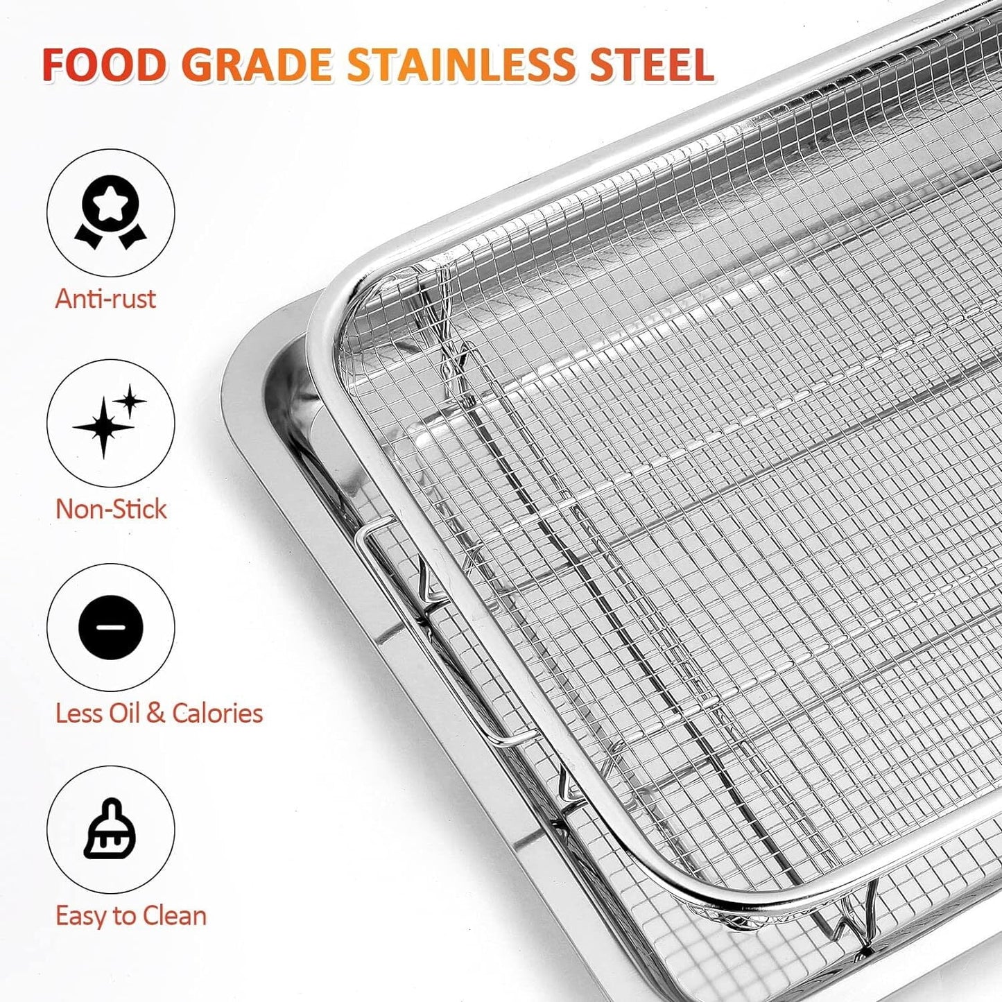 Air Fryer Basket for Oven, 2 Set Stainless Steel Air Fryer Pan and Crisper Tray, Non-stick Oven Air Fryer Basket for Baking and Crispy Foods Chicken, French Fry and Frozen Food (11.8 x 15.7 Inch)