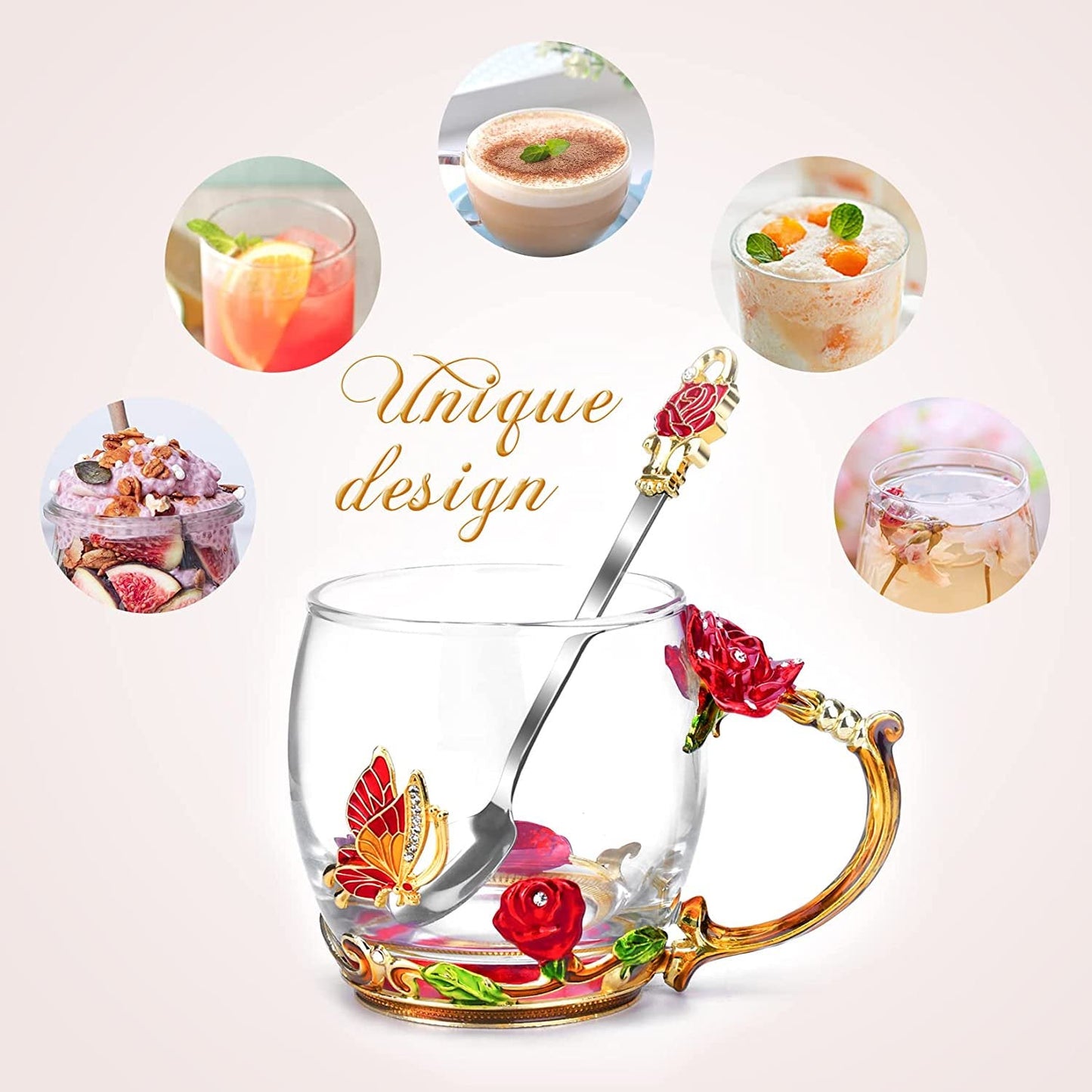 Gifts for Women Glass Coffee Enamel Mug Gifts Set, Best Birthday Butterfly Rose Gifts for Women Mom Mothers Day Valentines Day Christmas Anniversary, Lead-Free Red Tea Cup with Spoon Set