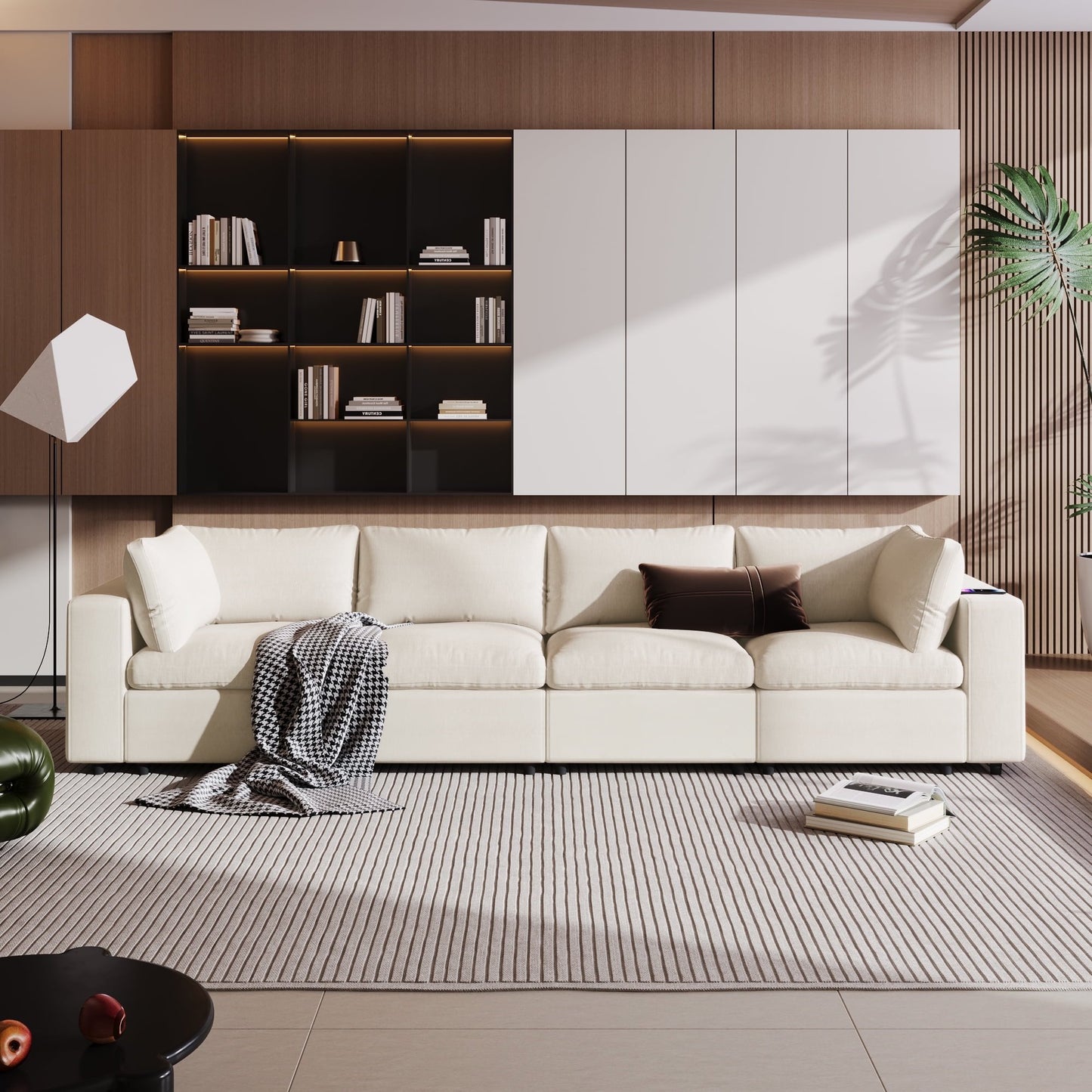 Churanty Modular Sectional Sofa with USB Charge Ports, Upholstered 4 Seater Free combination Couch with Wireless Charging and Built-in Bluetooth Speaker in Arm for Living Room Apartment,Beige