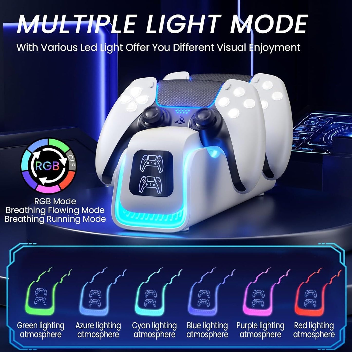 PS5 Controller Charger,PlayStation Charging Dock for PlayStation 5 Dualsense Edge with 6 LED & RGB Mode,Overcharge Protection Fast Controller Charging Station Stand Skin with Cable for Game Console