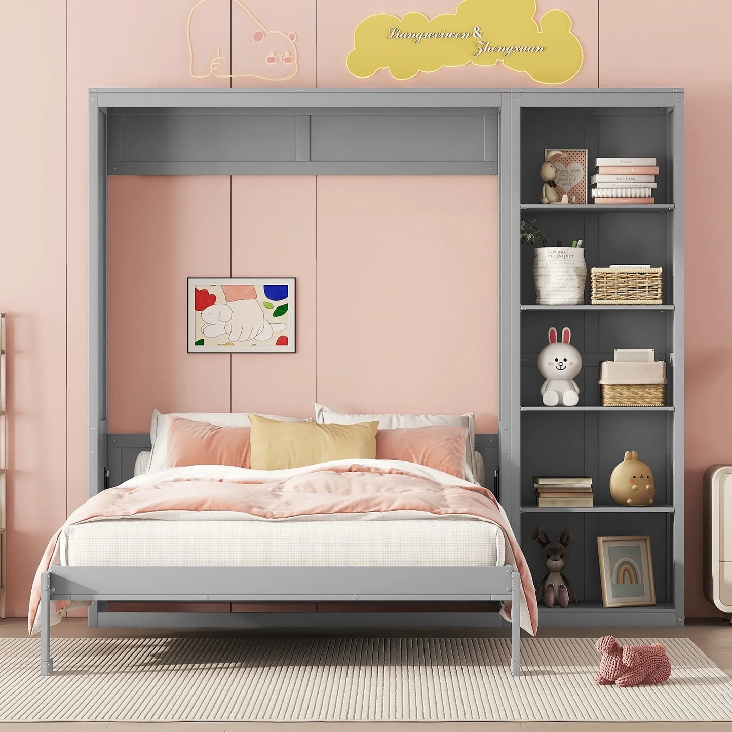 Churanty Full Size Modern Solid Wood Murphy Bed with Shelves, Gray