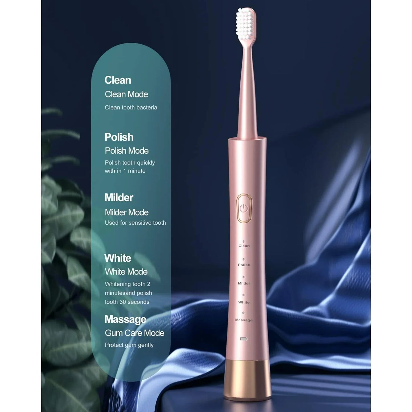 Electric Toothbrush for Adults, USB Rechargeable Toothbrush with 8 Brush Heads, Smart Timer, 5 Modes, 2-hour Fast Charge Last 30 Days, Pink