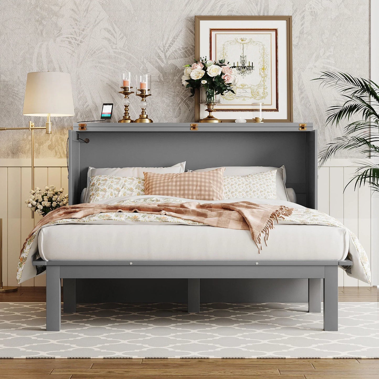 Churanty Queen Size Modern Metal Murphy Bed with Storage, Gray