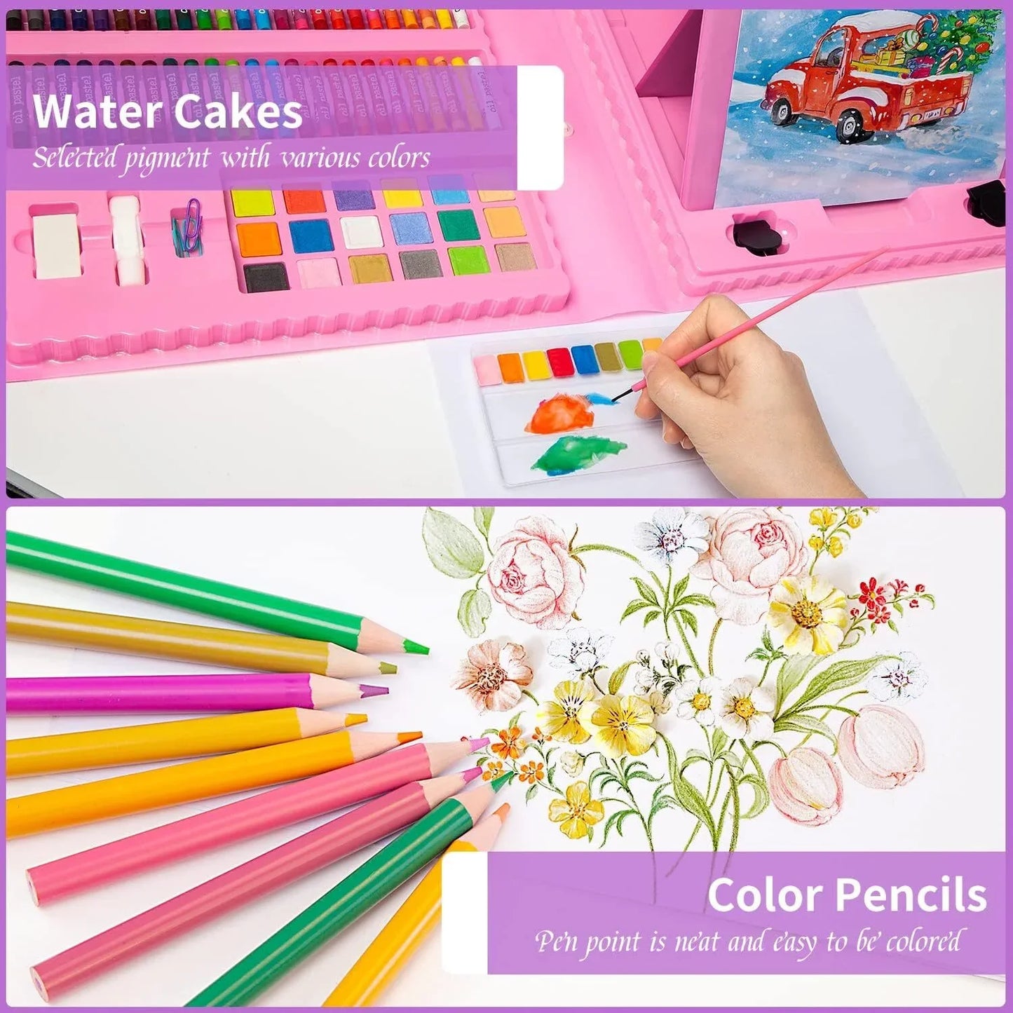 208 PCS Art Supplies, Drawing Art Kit for Kids Adults Art Set with Double Sided Trifold Easel, Oil Pastels, Crayons, Colored Pencils, Watercolor Pens Gift for Girls Boys Artist, Pink