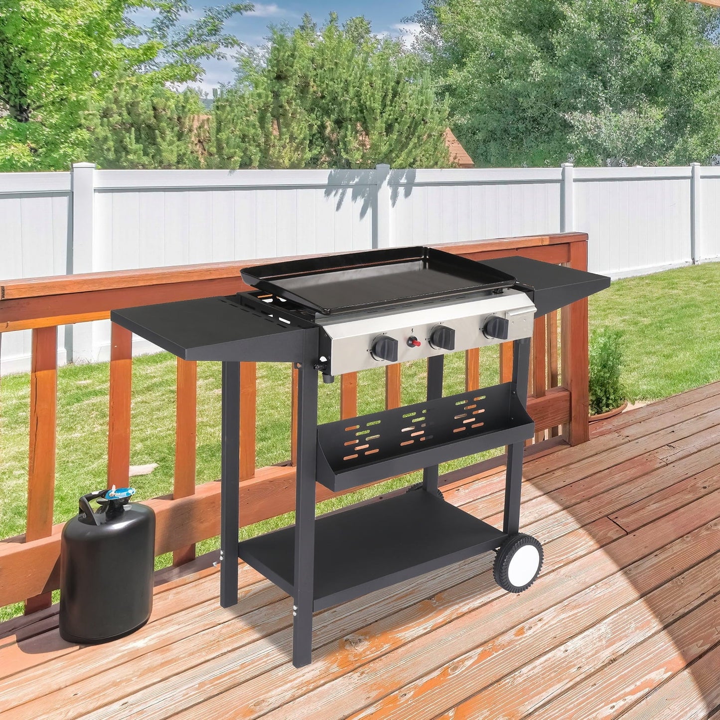 Ktaxon 3 Burner Propane Griddle Flat Top Gas Grill 30000 BTU with Ceramic Coated Cast Iron Pan,Side Shelves,Spice Rack,Wheels