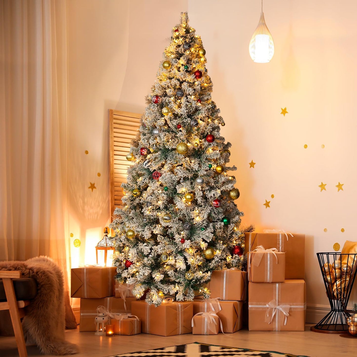 7.5ft Snow Flocked Artificial Holiday Christmas Pine Tree for Home, Office, Party Decoration With Warm Lights