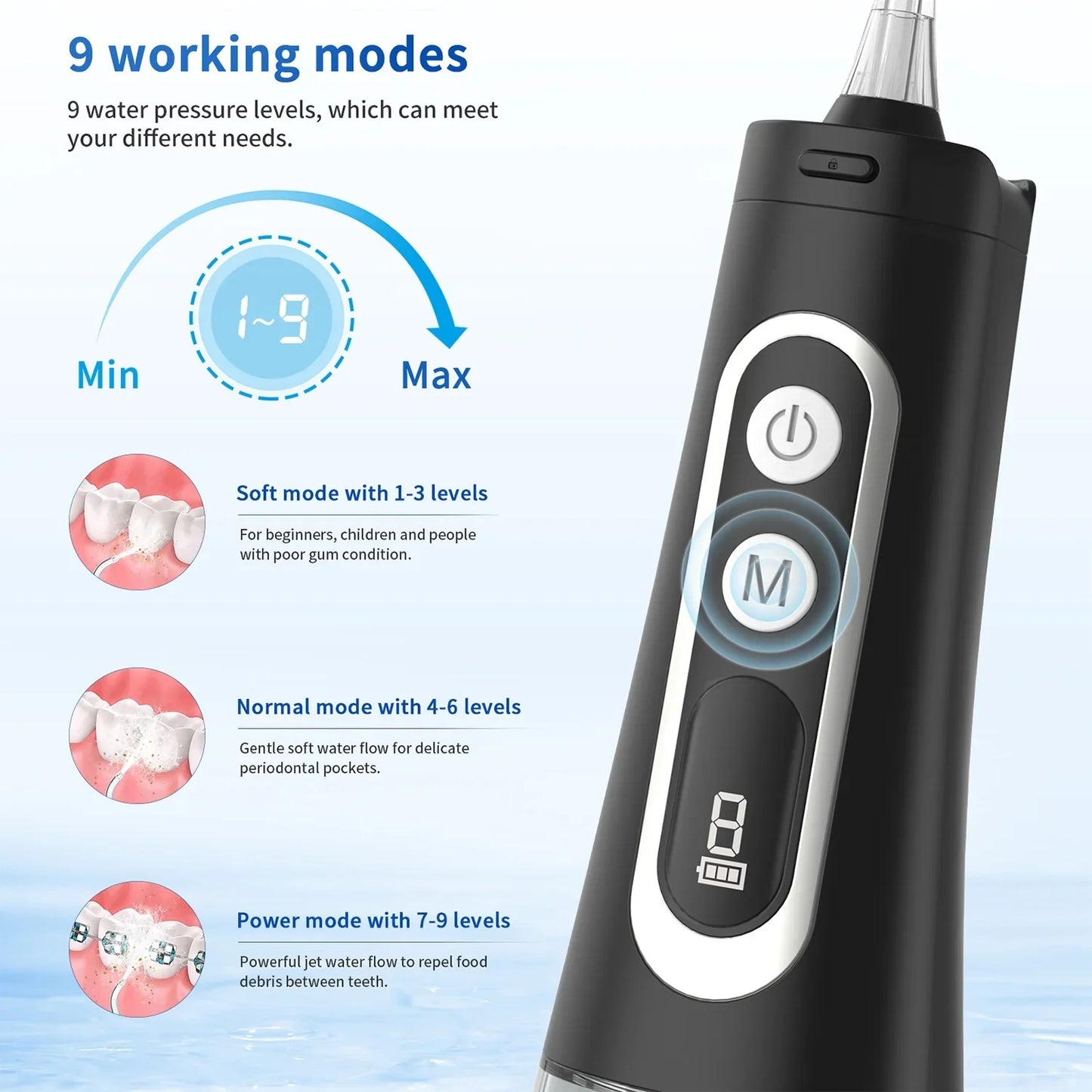 Cordless Water Flosser, Portable Dental Teeth Cleaner, 310ML Tank USB Rechargeable Dental Oral Irrigator for Home and Travel, 4 Modes 8 Jet Tips, IPX7 Waterproof, Easy-to-Clean(Black)