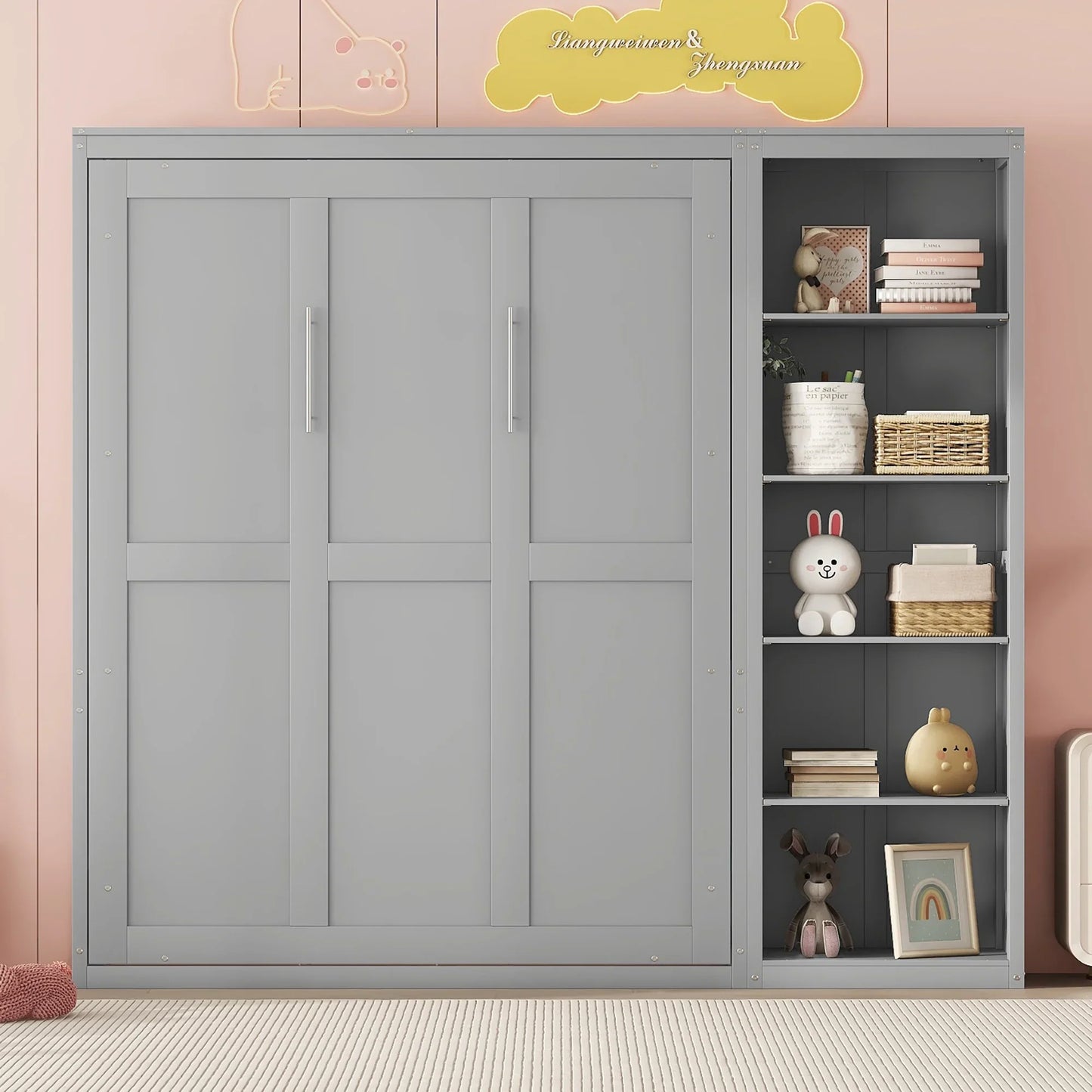 Churanty Full Size Modern Solid Wood Murphy Bed with Shelves, Gray