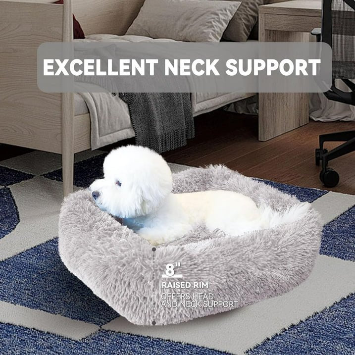 QKURT Cat Bed for Indoor Cats, Small Dog Beds for Small Dogs, Soft Long Plush Cushion Washable Puppy Bed,Self-Warming Square Cat Bed Anti-Slip Bottom Cushion (26 x 22 x 8 inch, Grey)