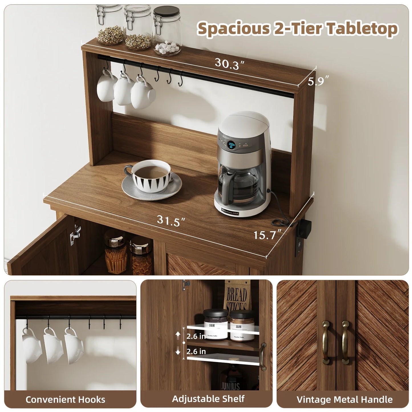 JOINICE Farmhouse Coffee Bar Cabinet,Charging Station,6 Hooks and Adjustable Shelf, Walnut