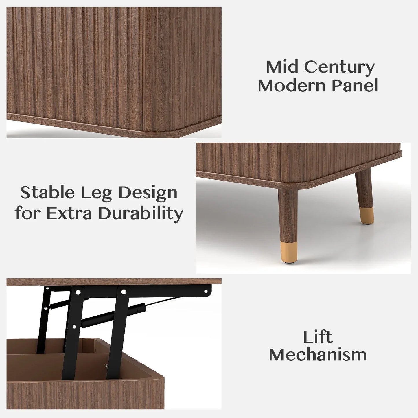JOINICE Lift Top Coffee Table with Storage,Mid-Century Modern Style,Waveform Panel,for Living Room,Walnut