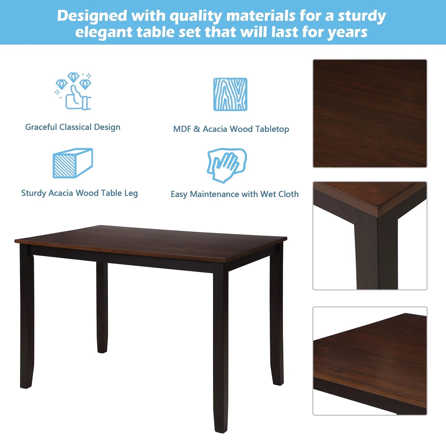 Churanty Farmhouse Wood 5 Pieces Dining Table Set for 4,Rectangle Kitchen Table Set with 4 Chairs,Black+Cherry