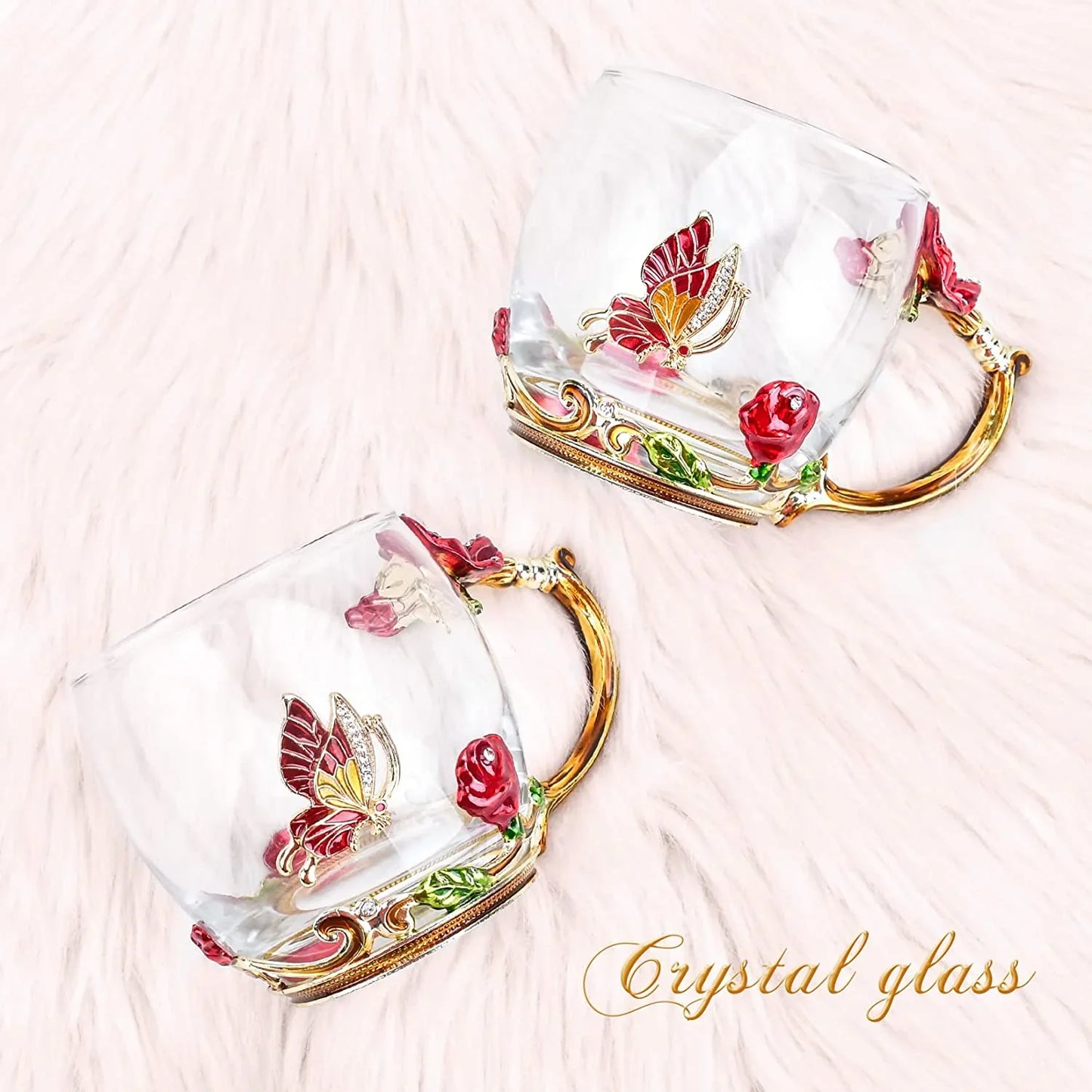 Gifts for Women Glass Coffee Enamel Mug Gifts Set, Best Birthday Butterfly Rose Gifts for Women Mom Mothers Day Valentines Day Christmas Anniversary, Lead-Free Red Tea Cup with Spoon Set