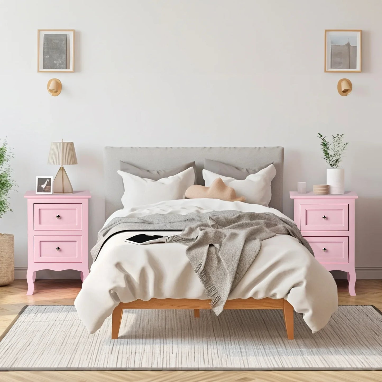 Ktaxon Nightstand, Bedside Table with 2 Storage Drawers, End Side for Bedroom, Country Style Set of 2,Pink