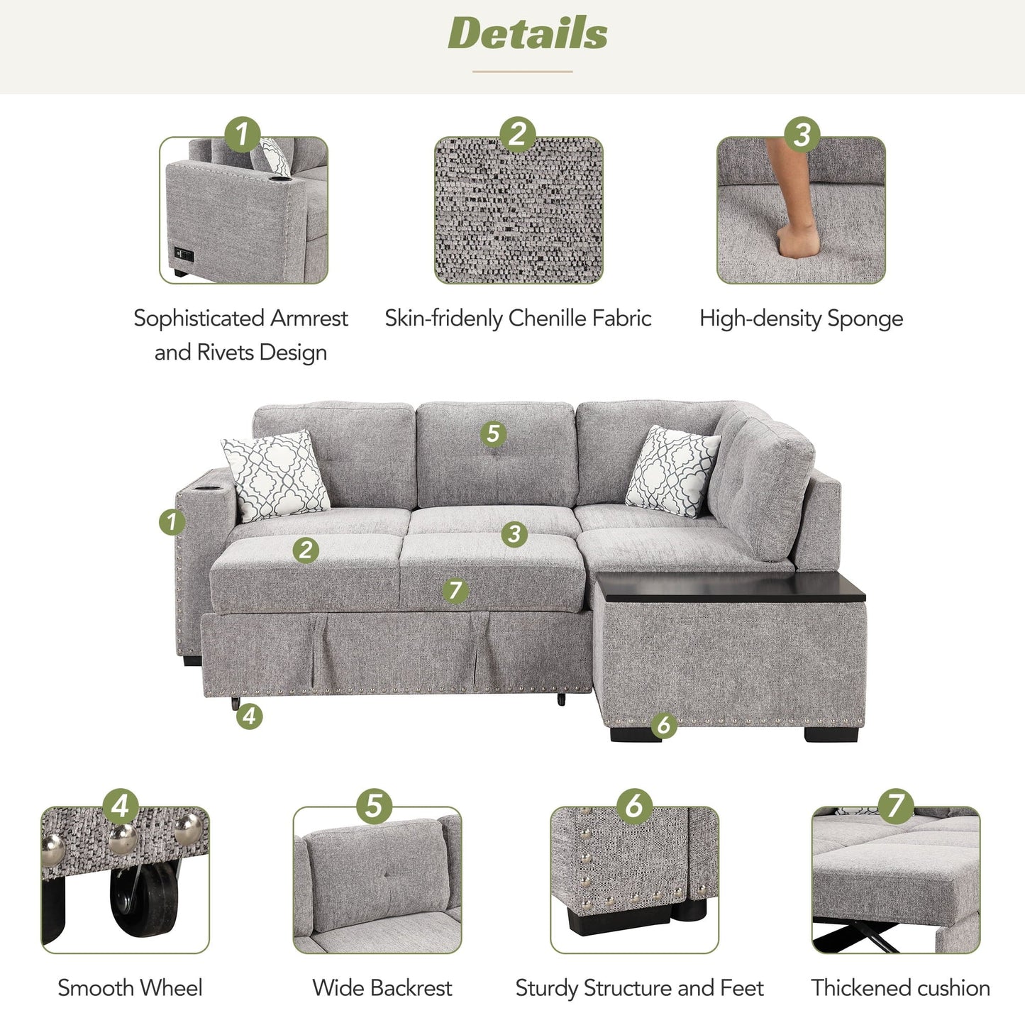 Churanty Pull Out Sofa Bed with Storage Chaise,Reversible Sectional Sofa,L-Shaped Corner Sofa with USB Ports,Power Sockets and Cup Holder,Light Gray
