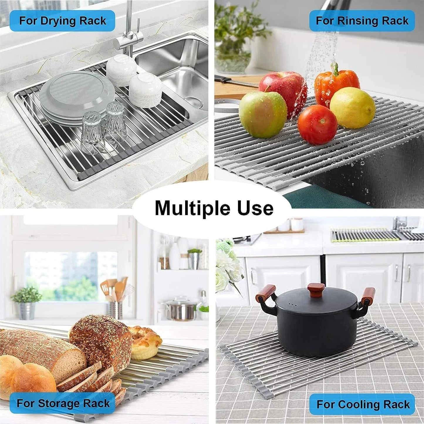 Roll up Dish Drying Rack, Over The Sink Kitchen Sink Dish Rack Multipurpose Stainless Steel Dry Rack Dish Drainer Foldable Dish Drying Rack for Sink Counter (17.7"x11.8")