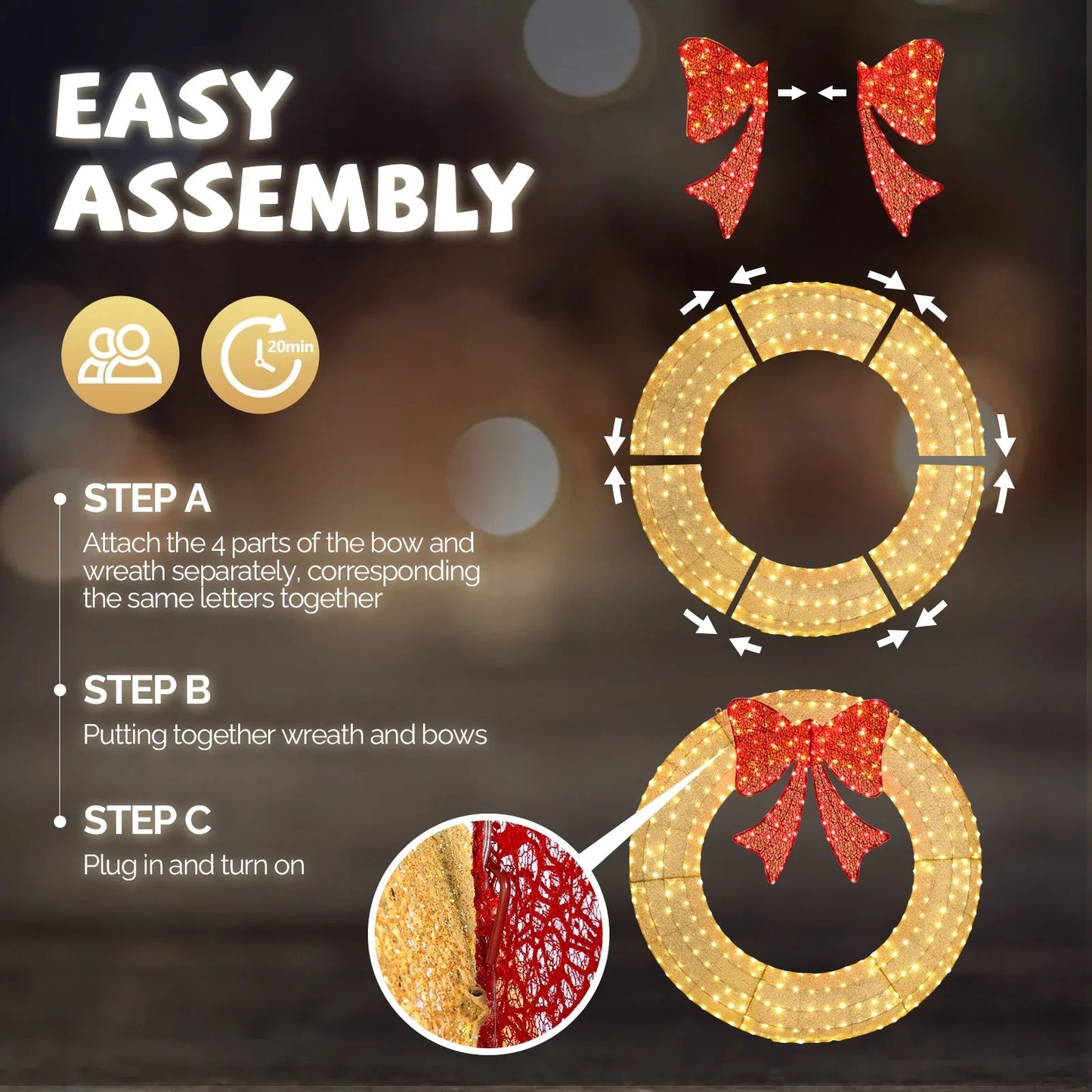 Ktaxon 48in Christmas Wreath Christmas Decoration Lighted Holiday Decor 315 Lights LED - Golden