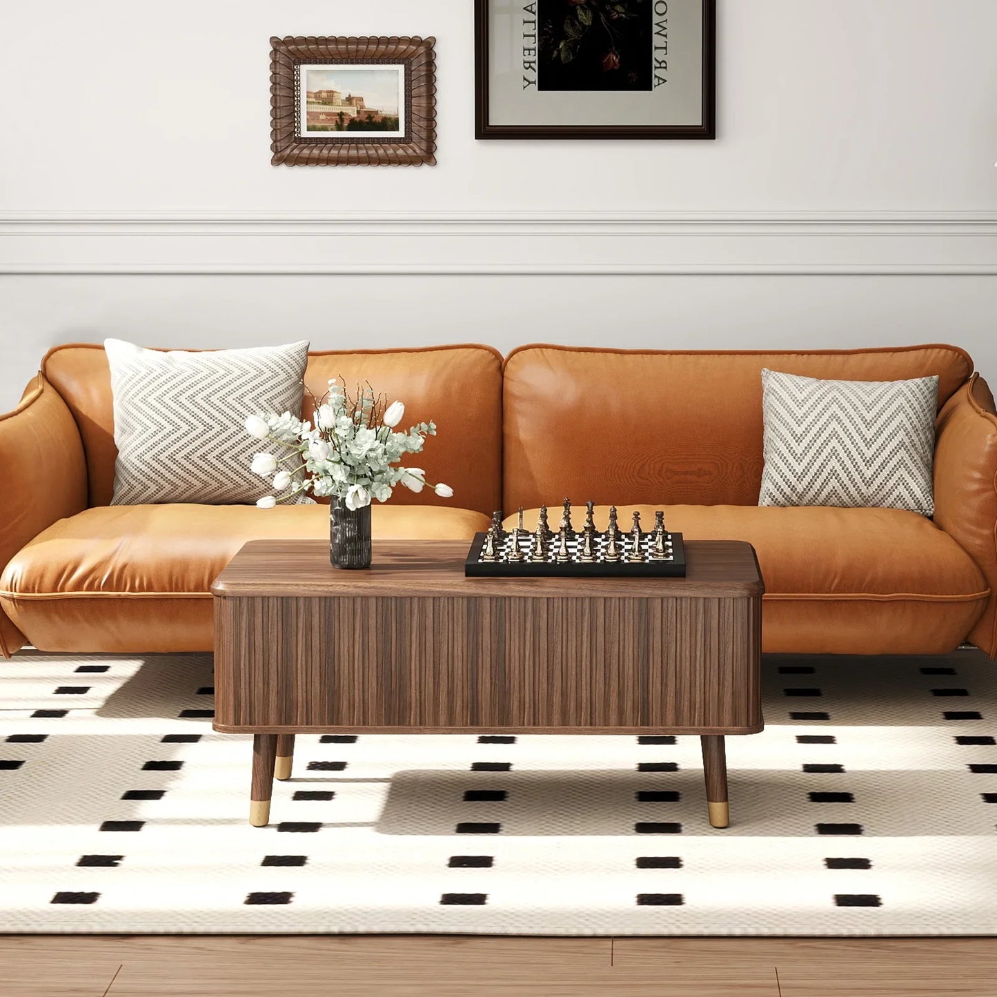JOINICE Lift Top Coffee Table with Storage,Mid-Century Modern Style,Waveform Panel,for Living Room,Walnut