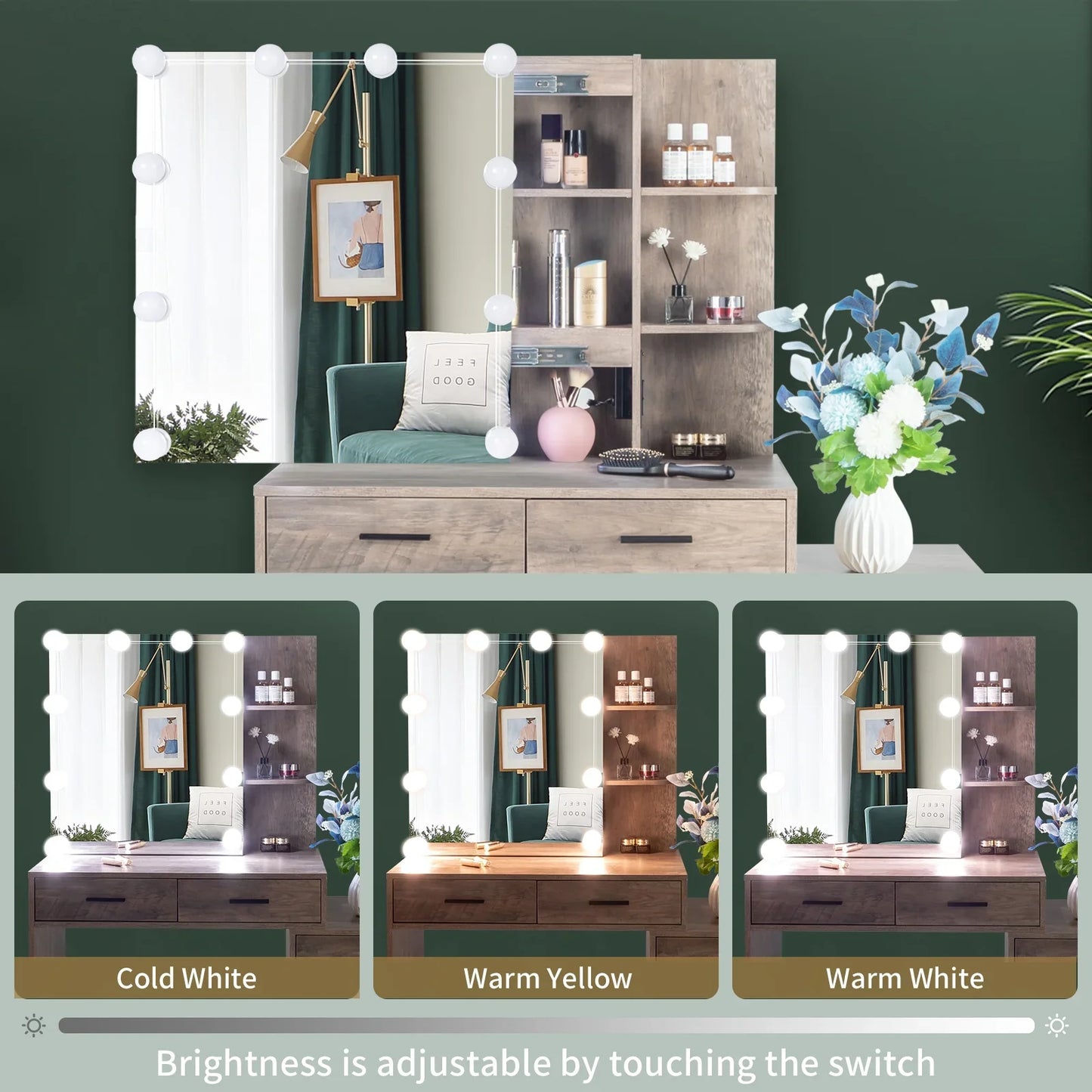Ktaxon 3 Color Lighted Vanity Set & Charging Station,Makeup Dressing Table with Sliding Lighted Mirror, Dresser Desk and Cushioned Stool Set (Retro Gray)