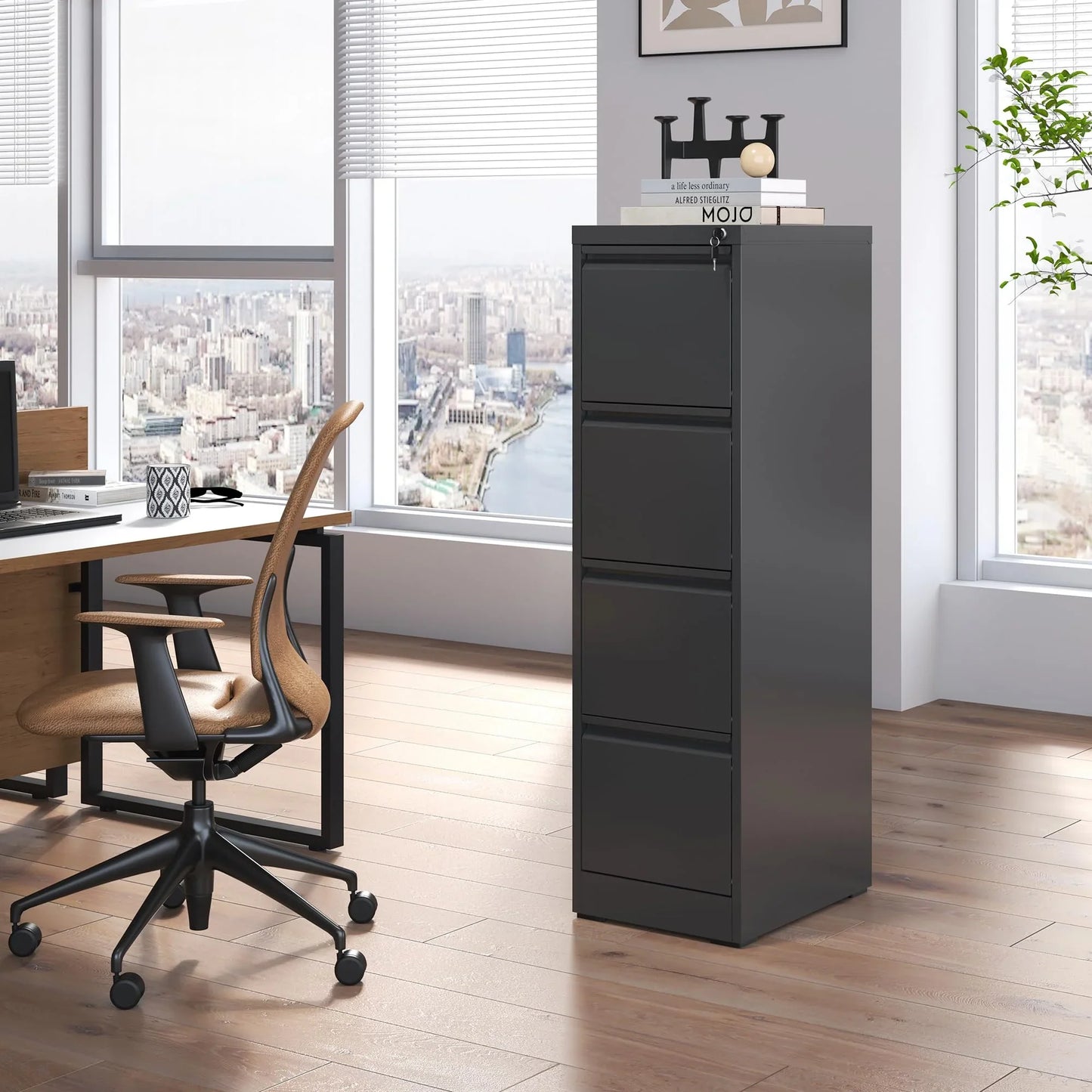 IKIMI 4 Drawer File Cabinet,Metal Filing Cabinets with Lock,Black Vertical File Cabinet for Home Office,Heavy Duty Metal Storage Cabinet for A4/Letter/Legal Size File