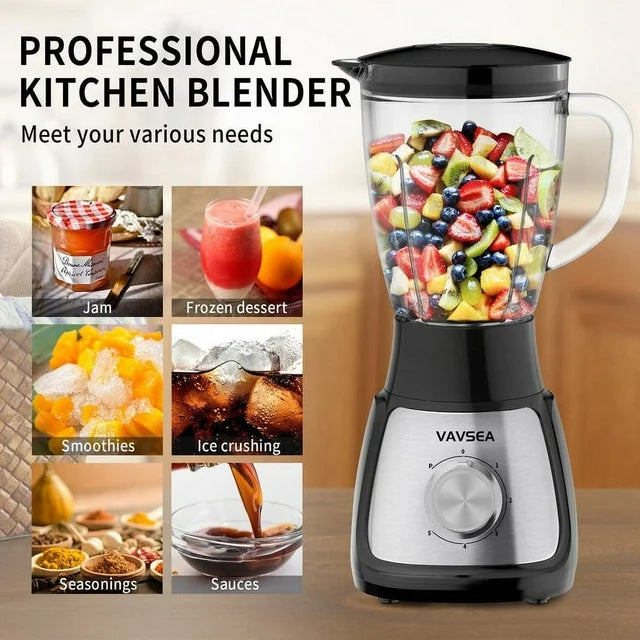 VAVSEA 1000W Countertop Blender for Shake and Smoothies, 5 Speed Kitchen Blender with 51oz Glass Jar & 20oz Travel Cup, for Ice Crush Fruit Protein Drinks Vegetable, Silver