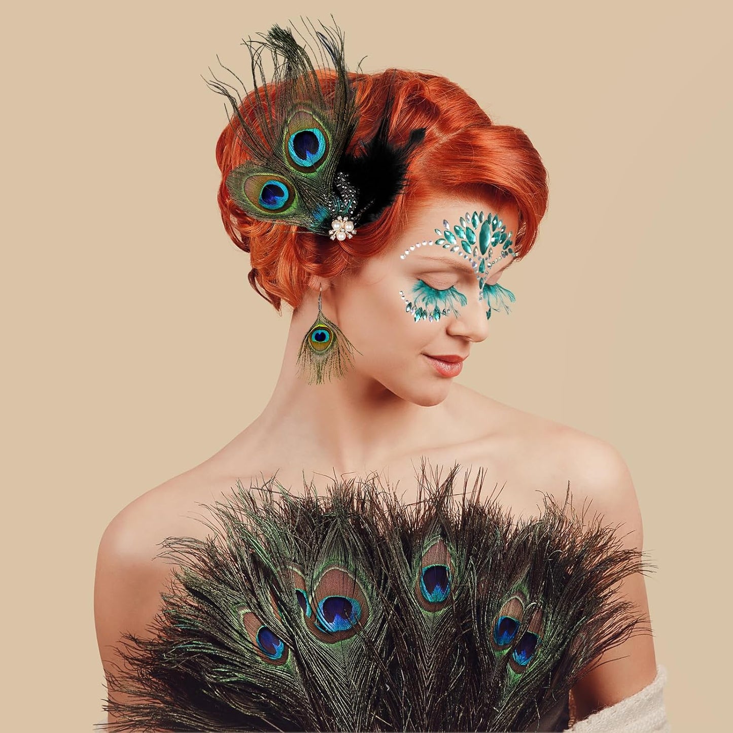Peacock Feather Jewelry Set for Women Girls, Green Fascinator Feather Clip Earring Big Eyelashes and Glitter Face Jewels Makeup Stickers for Halloween Carnival Festival Party Hair Face Decorations