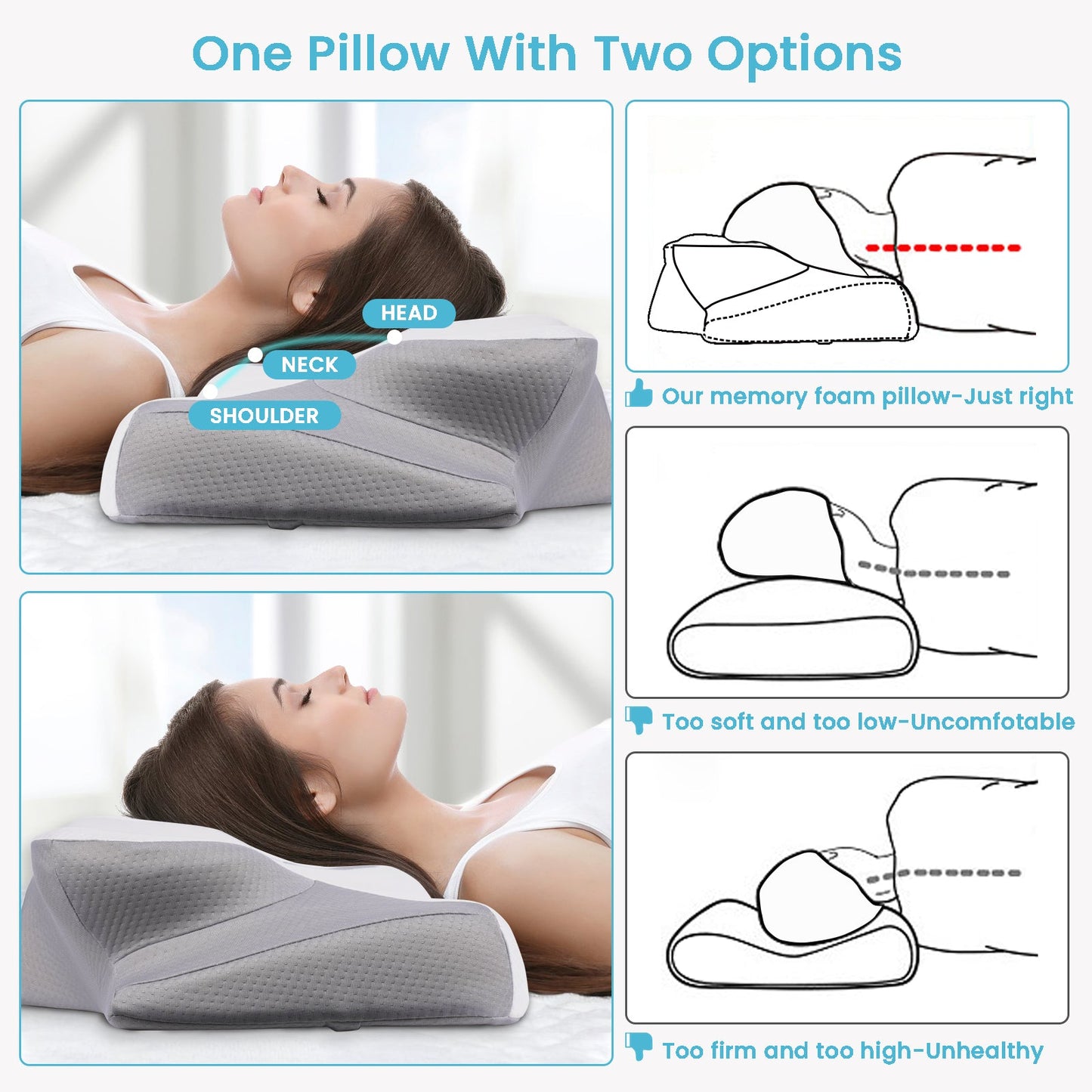 Cervical Pillow for Neck Pain Relief, Contour Memory Foam, Ergonomic Orthopedic Neck Support Pillow for Side, Back & Stomach Sleepers with Breathable Pillowcase, Grey