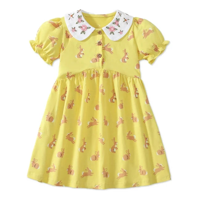 HILEELANG Toddler Girls Easter Short Sleeve Peter Pan Collar Dress Spring Summer Cotton Casual Pink Yellow Bunny Printed Jersey Shirt Dresses 2 Packs 2T