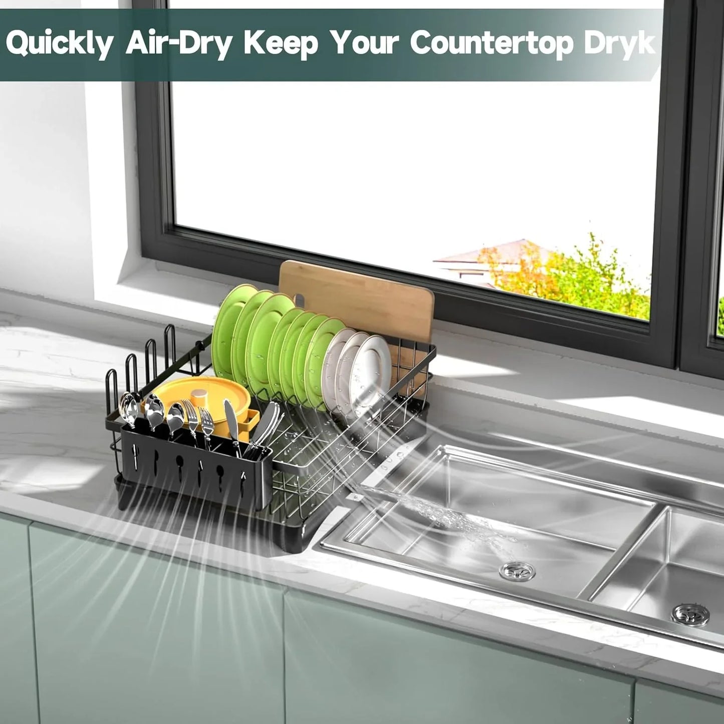 AOKIWO Dish Drying Rack, Durable Stainless Steel Large Dish Rack Kitchen Counter Dish Drainer with Drainboard Over Sink for Cups, Knives, Spoons, and Forks (L16.9"*W12.5")