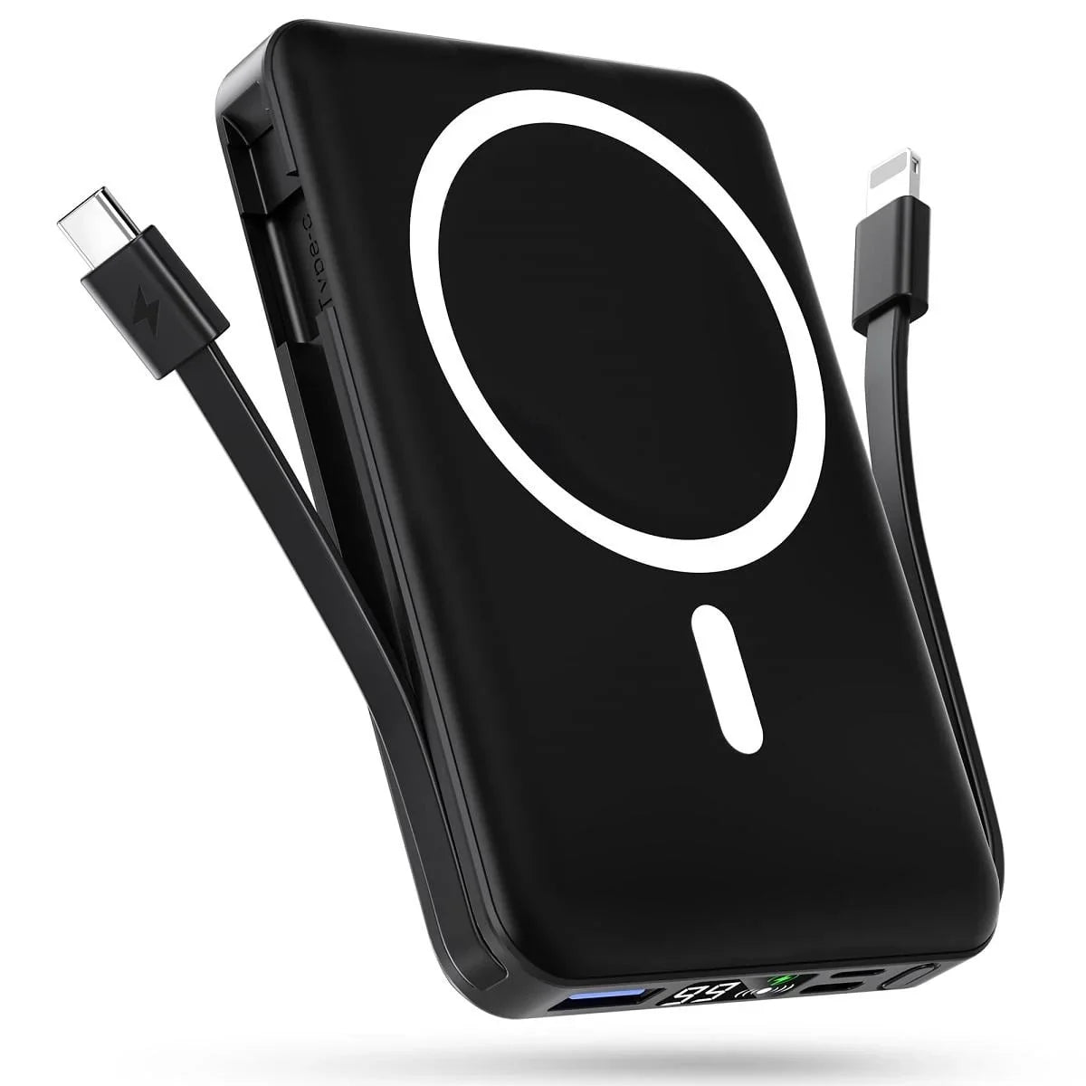Podoru Wireless Portable Charger, 10000mAh Magnetic Power Bank Built-in USB C Lighting Cables 22.5W PD Fast Charging LED Display Battery Pack for for iPhone 16/15/14/13/12 - Black