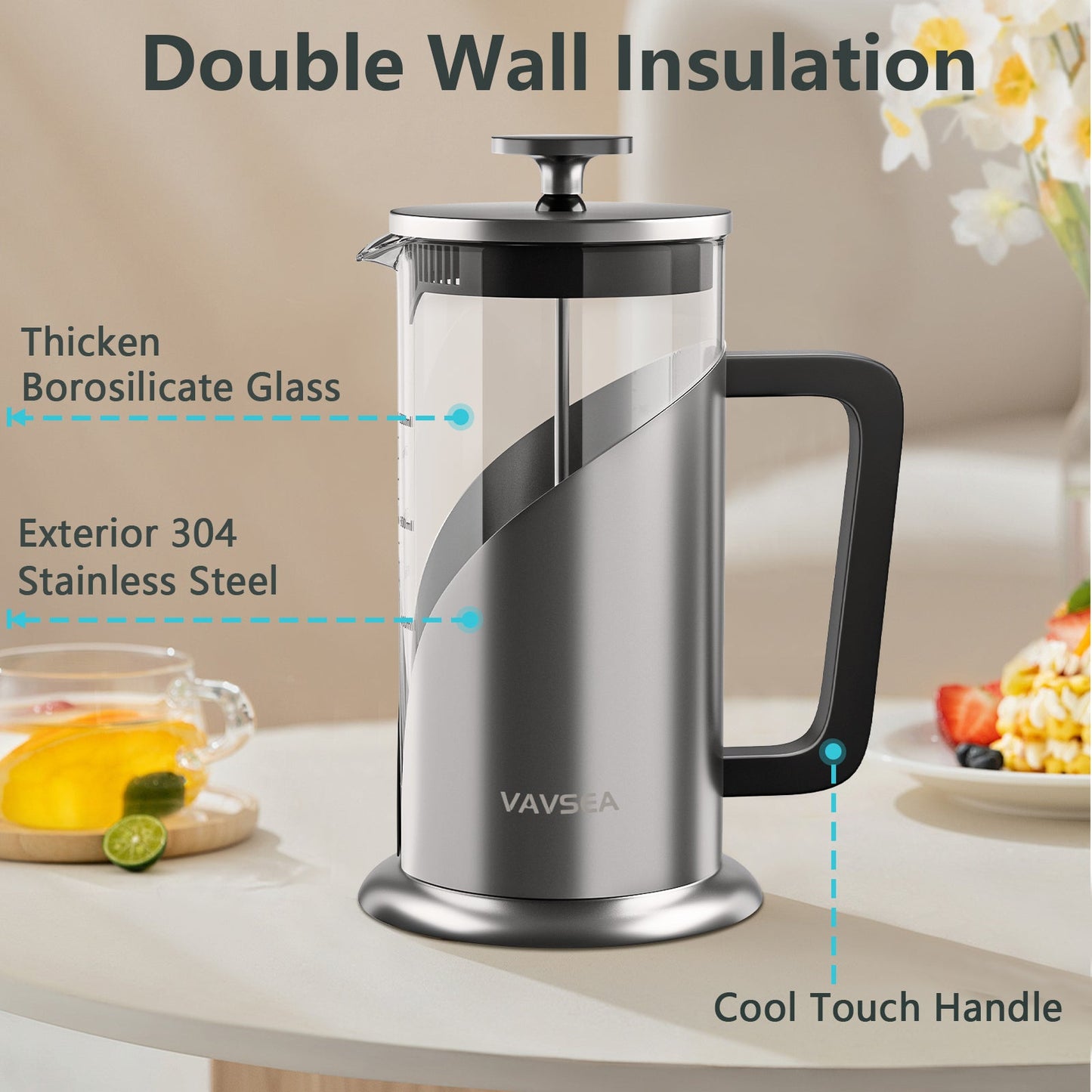 35oz French Press Coffee Maker,304 Stainless Steel Coffee Press for Travel & Home Use,Double Insulated,Dishwasher Safe,Silver
