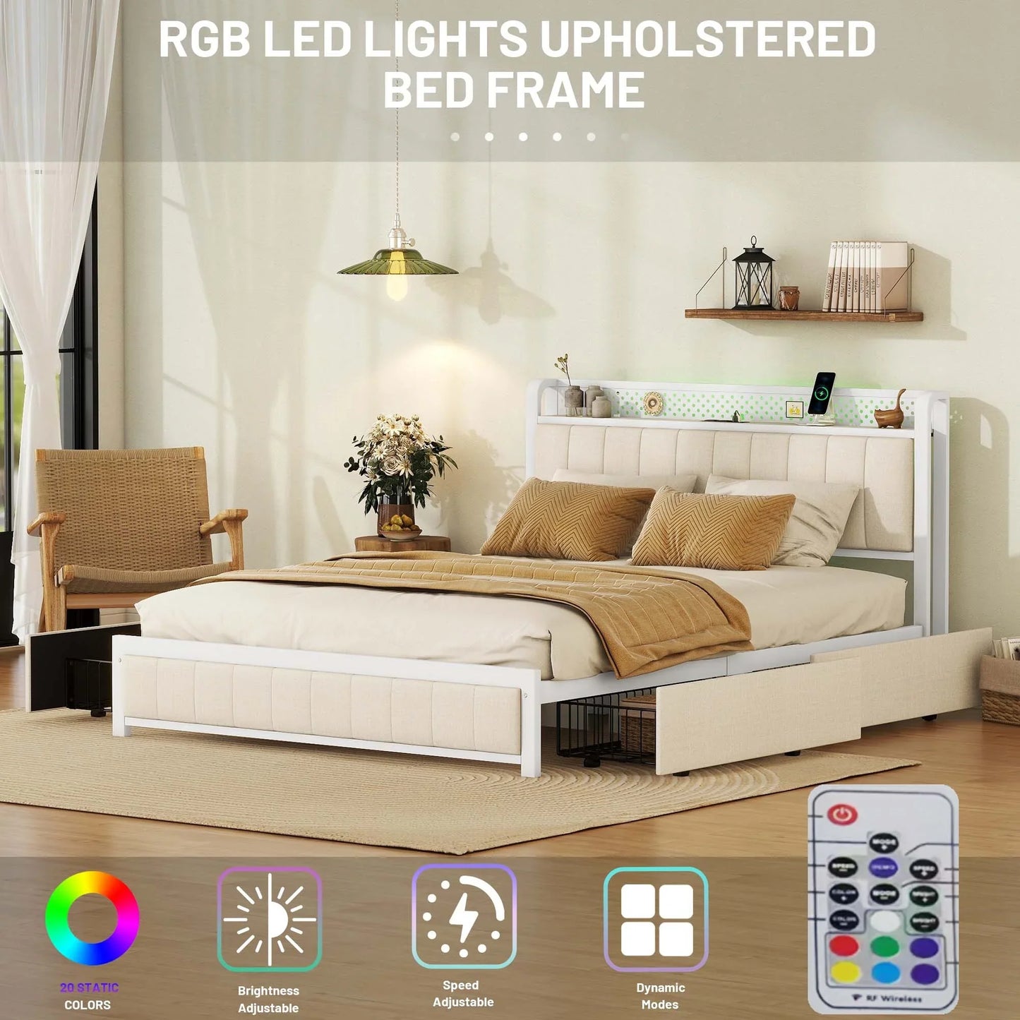 VLDTDRDI 500LBS Queen Bed Frame with LED Lights,Linen Upholstered Platform Bed with 4 Drawers and USB Ports,Heavy Duty Queen Size Metal Platform Bed,Beige
