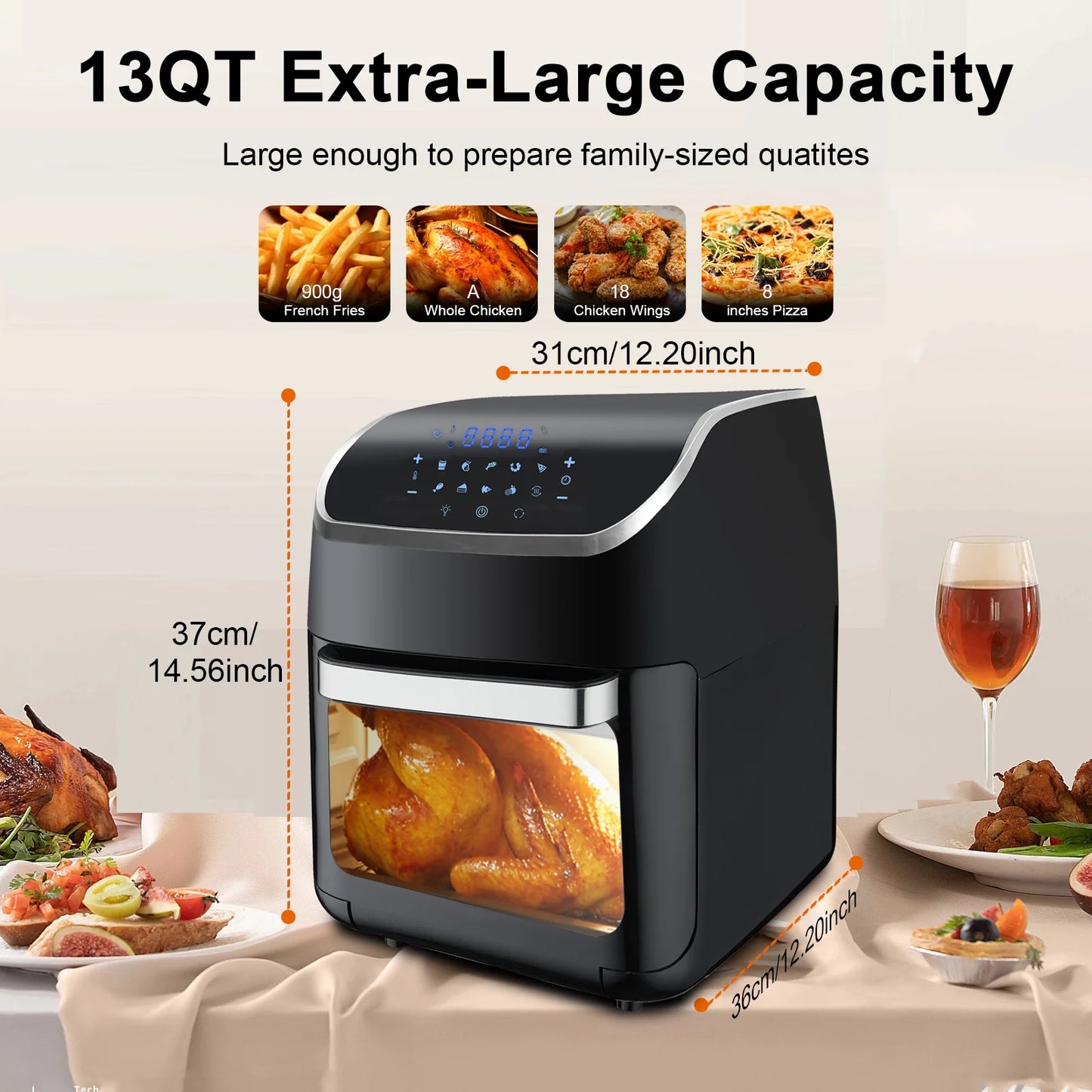 Jacgood XL 13QT Multifunctional Digital Air Fryer+ Rotisserie, Dehydrator, Convection Oven, 10 Touch Screen Presets Fry, Roast, Dehydrate, Bake, Large Family Size,Easy-View Window, Black