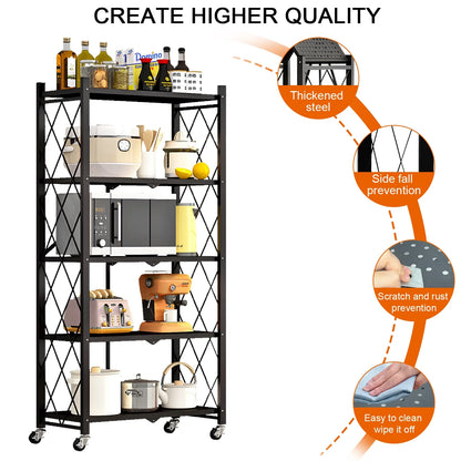 PRIJESSE 5-Tier Foldable Storage Shelves Metal Rack Heavy-Duty Storage Shelf Supporting 330LBS Loads Black