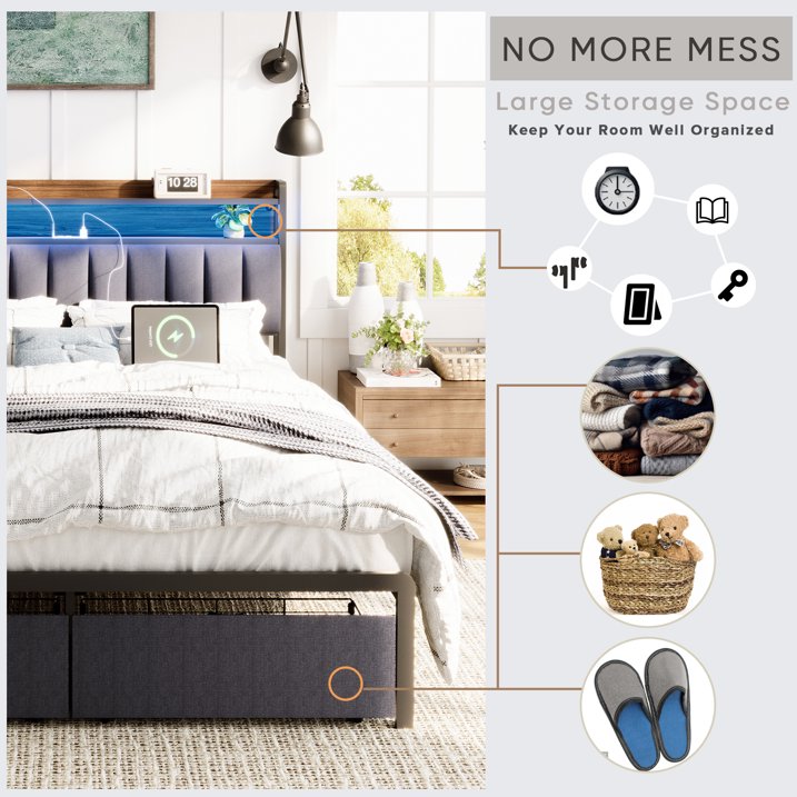 VLDTDRDI 1100LBS Queen Bed Frame with USB Charging Station,LED Upholstered Platform Bed Frame with Storage Headboard and 2 Drawers, Metal Queen Light up Bed Frame, Noise Free,Easy Assembly