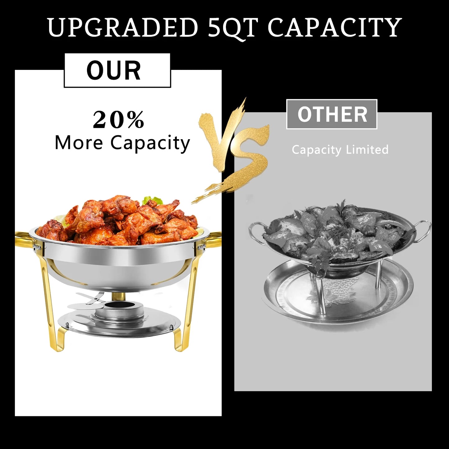PRIJESSE 5 Qt Gold Chafing Dishes for Buffet with Stainless Steel Lid, Round Chafing Dish Buffet Set with Food and Water Pans for Catering, Parties, Hotels and Weddings, 4 Pack